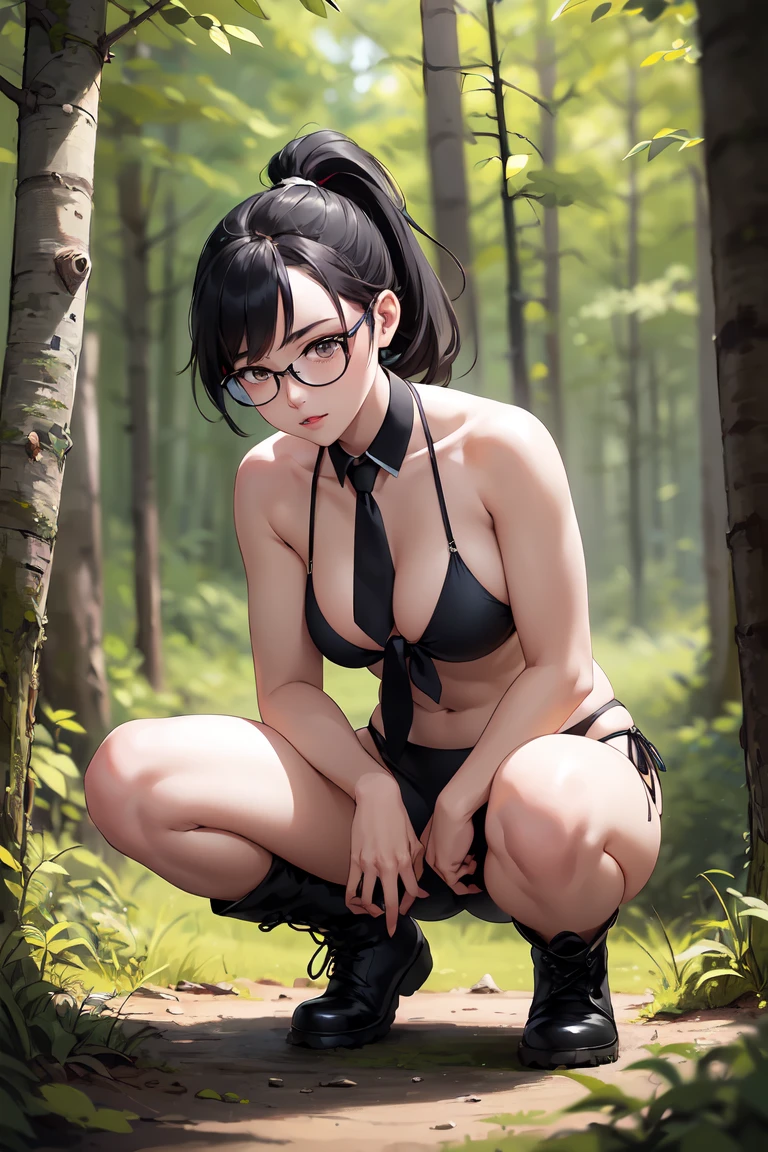 (best quality,Unparalleled masterpiece:1.4),Ultra-detailed CG 4K,black hair，in the forest，Soldier，high ponytail，Tie glasses， Black loose bikini，black military boots，huge，rendering，huge，squat on the ground