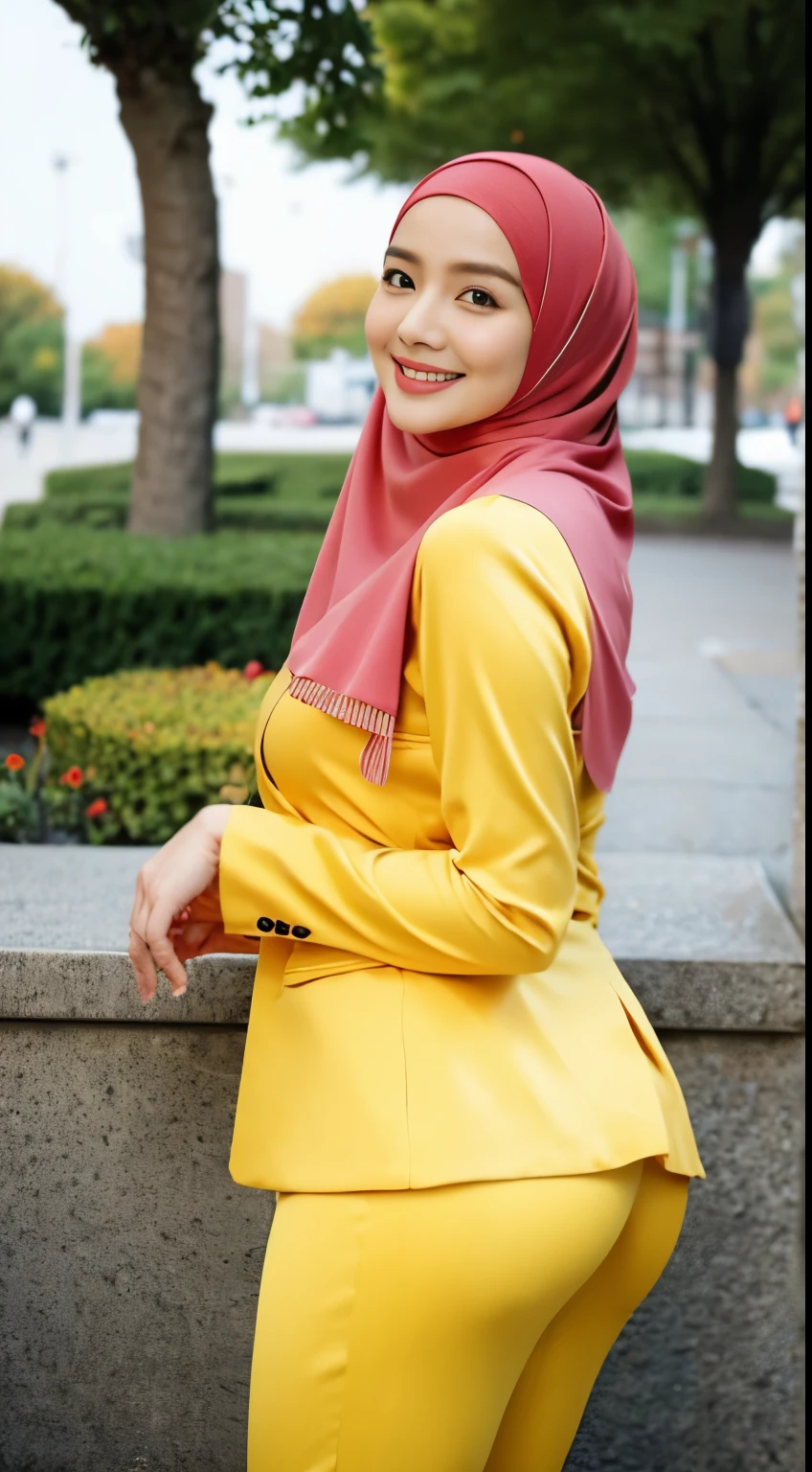 1 Malay girl, modern plain hijab, shy, medium portrait, watery eyes, RAW, Best quality, high resolution, masterpiece: 1.3), beautiful Malay woman in hijap:0.8),perfect nose,perfect lips, perfect eyes, detail :1.2), soft smile,Beautiful woman wearing a hijap, wearing a long turkneck t-shirt, thick waist, beautiful fitting breastig breasts, curvy booty, long eyelashes, thin smile, thick thighs, strong calves, She wears a yellow jacket, tight casual pants, belt, he  waiting in the park, photorealistic, Masterpiece, bokeh, Volumetric lighting, Autumn mood, beautiful buttocks, beautiful buttocks, from behind, (looking at the audience) , looking back, facial details, double eyelids, smiling)