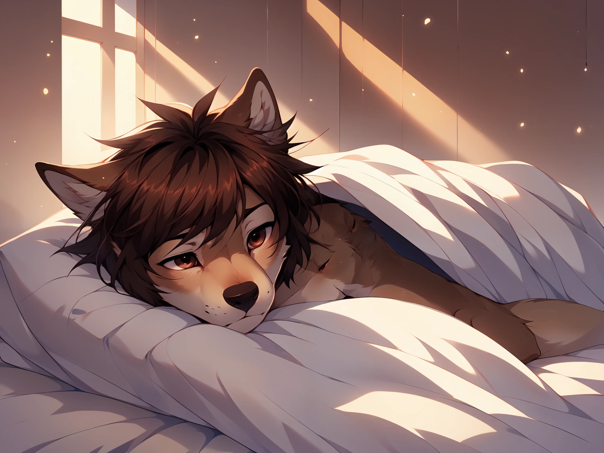 Jaiden, solo, male brown wolf, brown eyes, shaggy brown hair, cute snout, black nose, detailed environment, by fumiko, by hyattlen, by hioshiru, indoors, lying on a bed, on his back, under a blanket, shirtless, sad expression, he has a fever, hiding under a blanket
