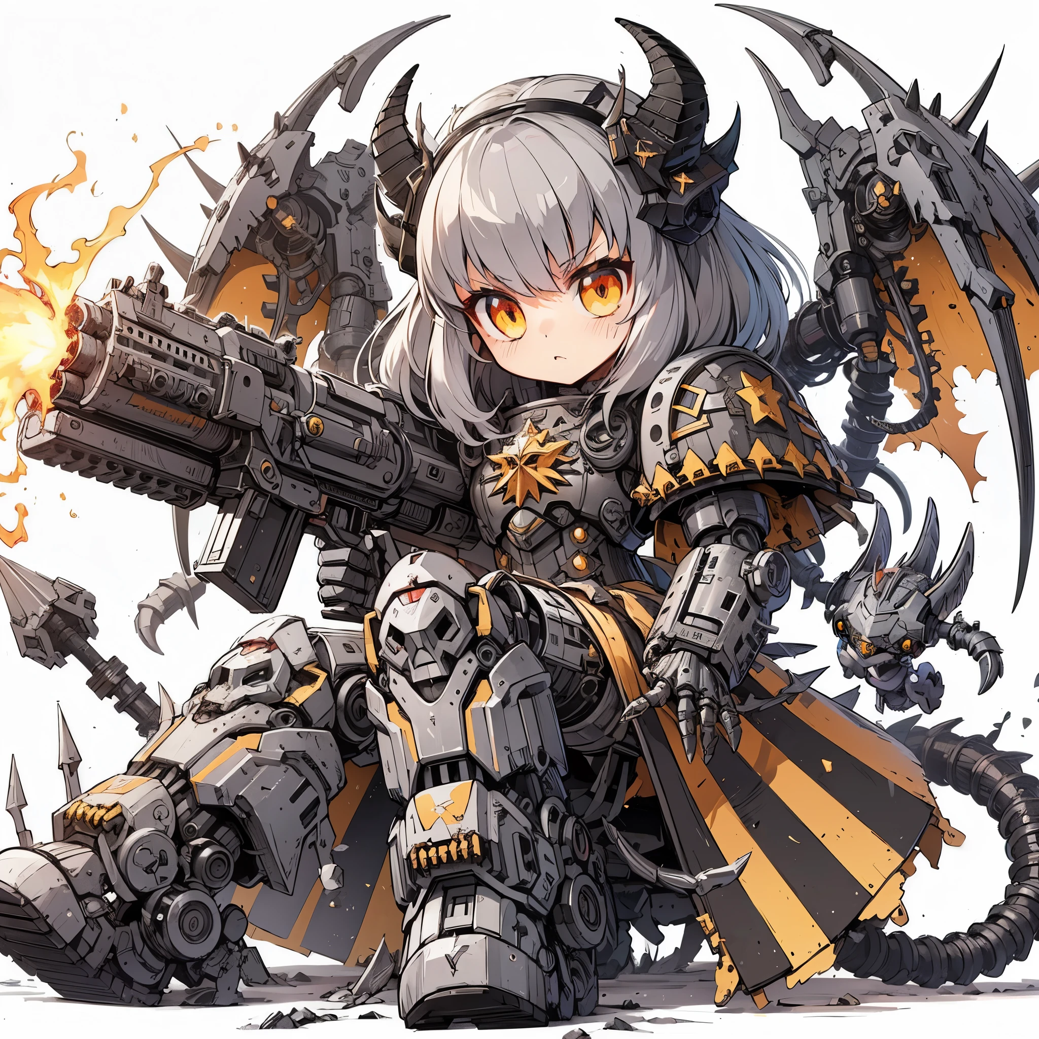 Masterpiece, best quality, ultra-detailed, anime style, full body of cute Chaos space marine girl, mechanized Demon primark girl, Mechanized limbs, heavy weapons mounted on arms, gray steel-colored power armor, yellow stripes, strong claw and tail, sinister and ominous aura, supernatural Lightning and flame, ((Eight-pointed star symbol)), Warhammer 40K, 8k high resolution, trending art station, white background, whole body,
