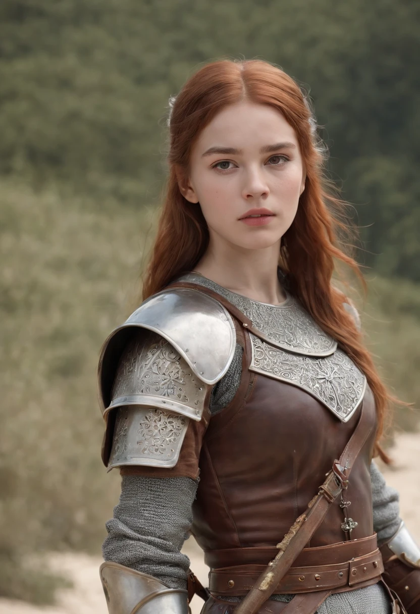 女の子のwhole bodyの写真、Norwegian girl 13 years old、Redhead ponytail、dusty face、wearing leather armor、Girl standing against the background of a sandy beach、sword in hands、Wind、whole bodyのphotorealism、sharp focus、realな顔の肌、heavy atmosphere、view、erotic face、medieval female knight、Beautiful 13 year old girl、whole body、hyper quality、High definition、real、photorealism、16k、4k、cinematic、