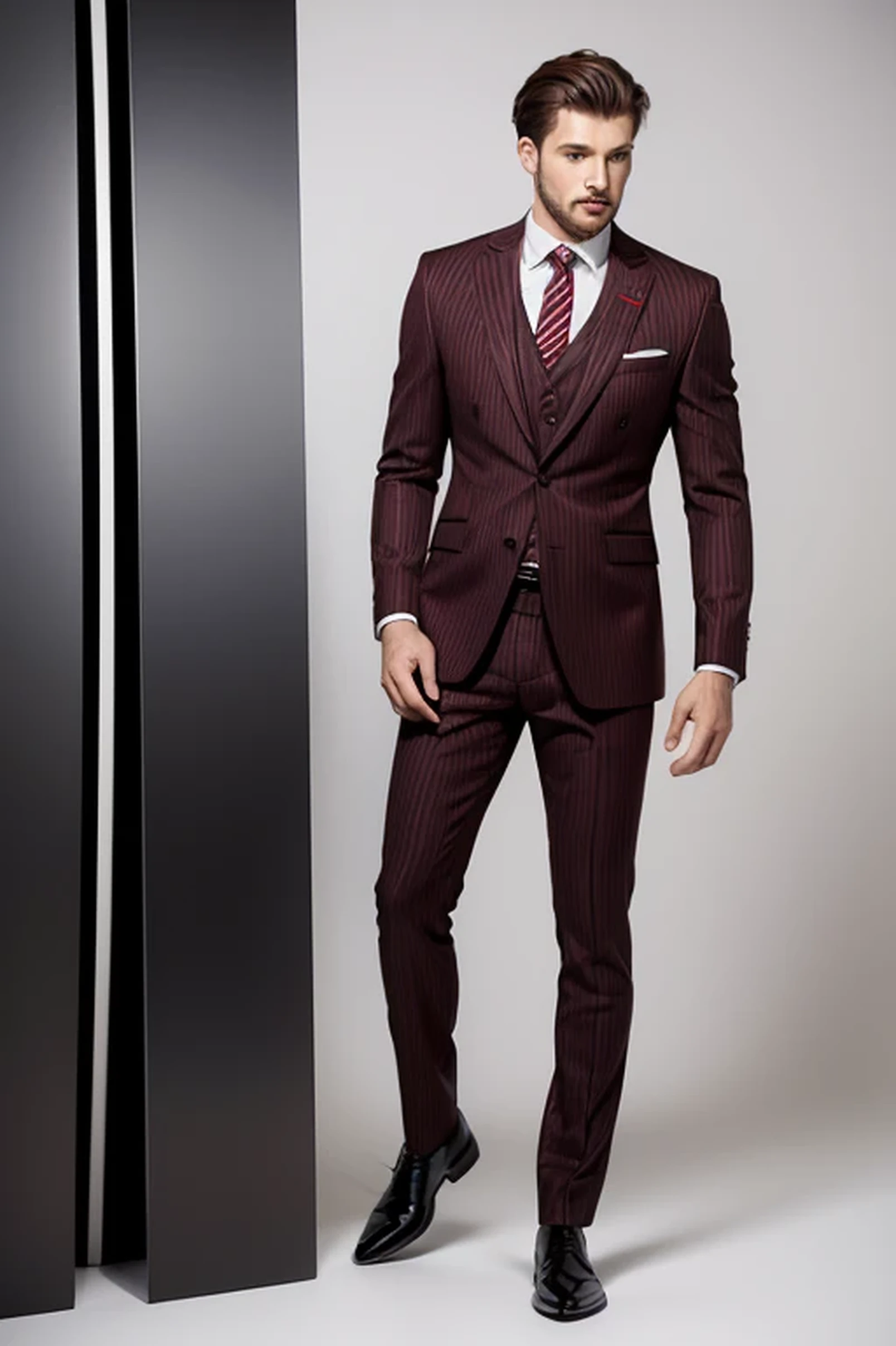 Best quality men&#39;s suits，suit，suit，A full-body view from head to toe，design diagram，Renderings，Style drawing，upscale，high-end，atmosphere，actual，red striped