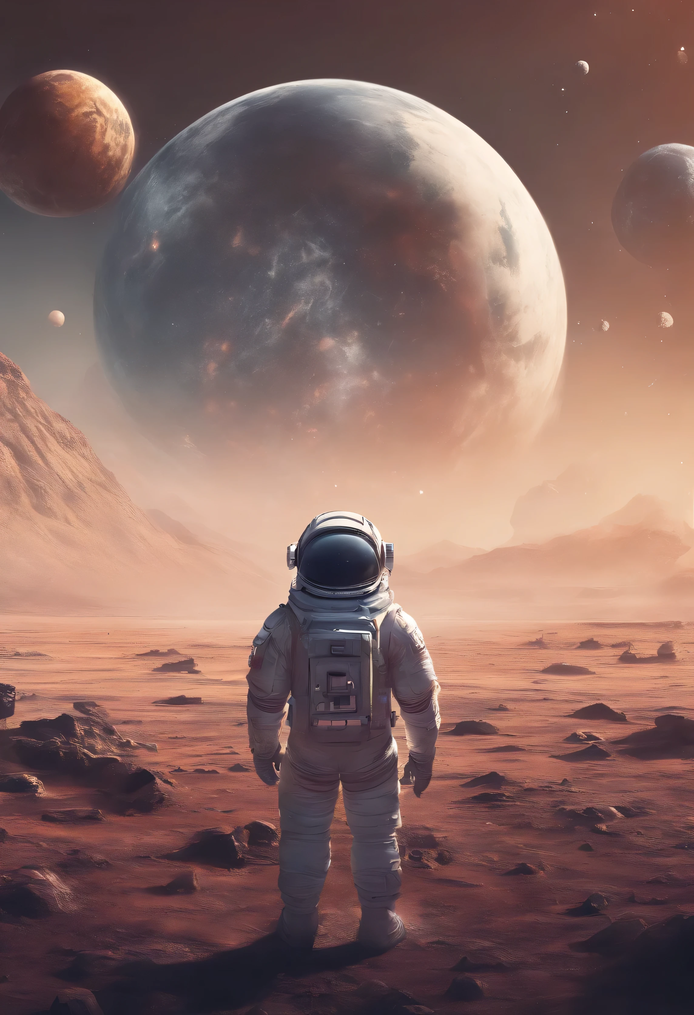 Little astronaut far from Earth, side view of the planet