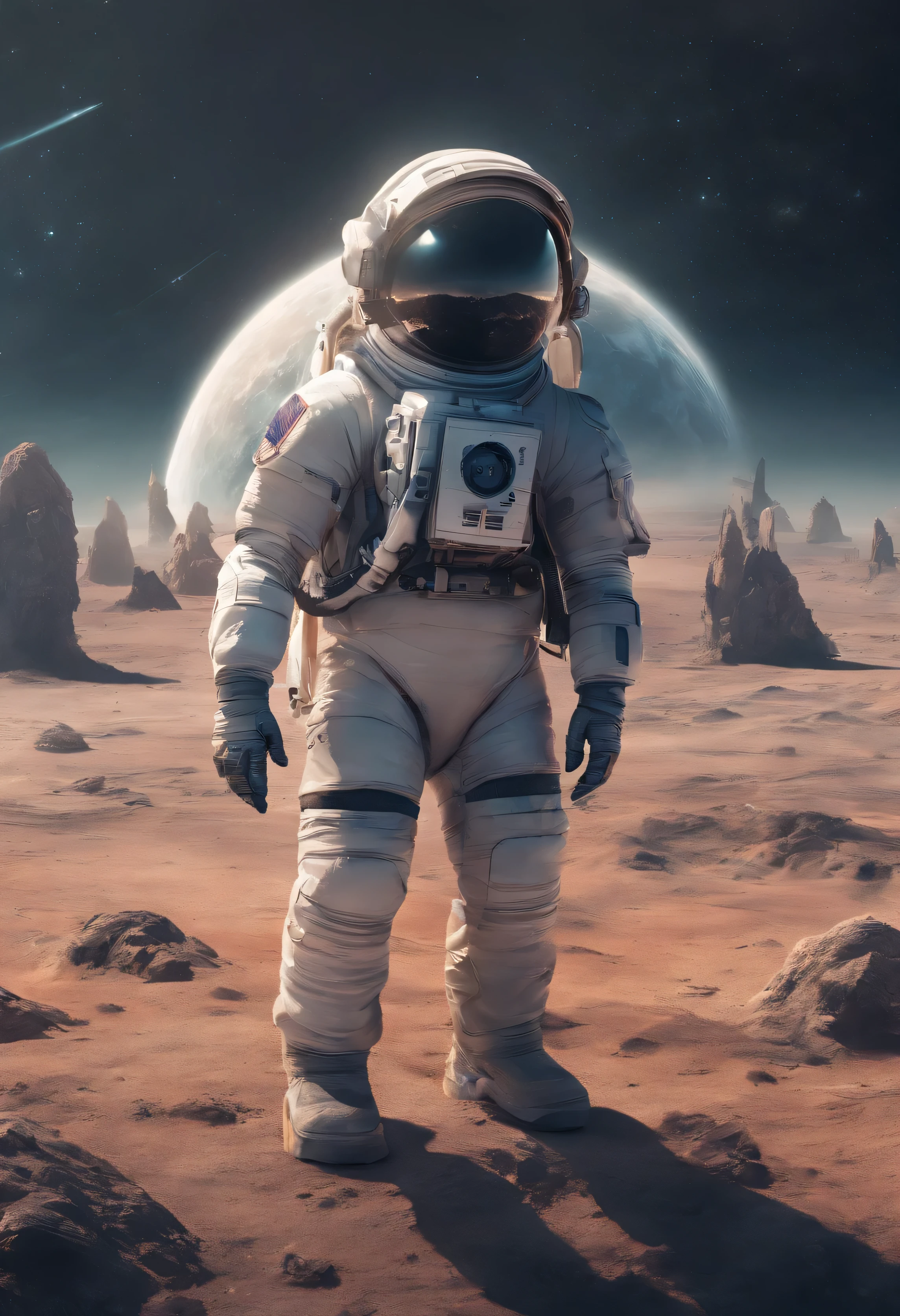 Little astronaut far from Earth, side view of the planet