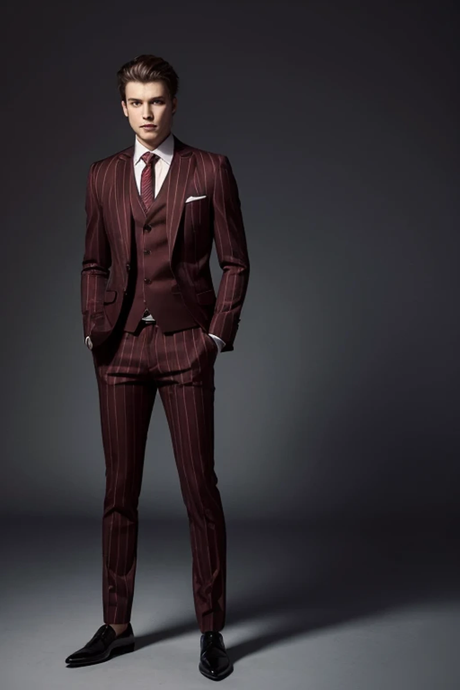 Best quality men's suits,suit,suit,A full-body view from head to toe,design diagram,Renderings,Style drawing,upscale,high-end,atmosphere,actual,red striped