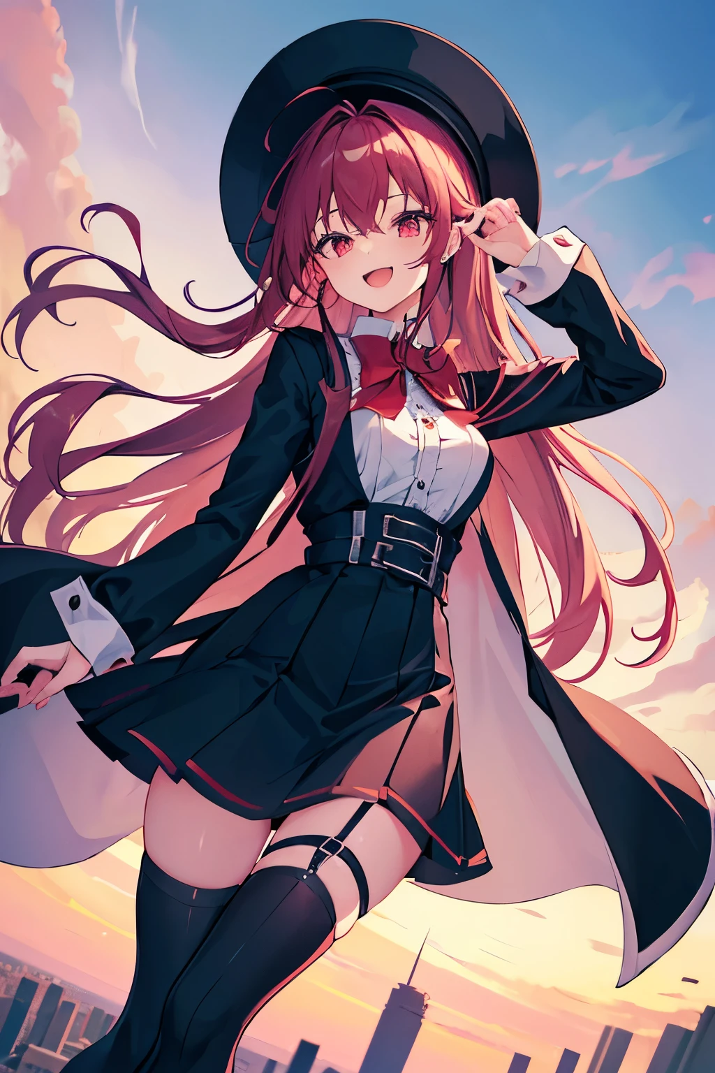 1girl,breasts,full_body,knee_boots,long_hair,long_sleeves,looking_at_viewer,open_mouth,red_eyes,smile,solo,thigh_strap, suspender skirt, bow tie, coat, turquoise hair, thigh belttight skirt,cityscape,scenery,sky,skyscraper, Fascinator hat, gothic dress, Gothic Style, cityscape