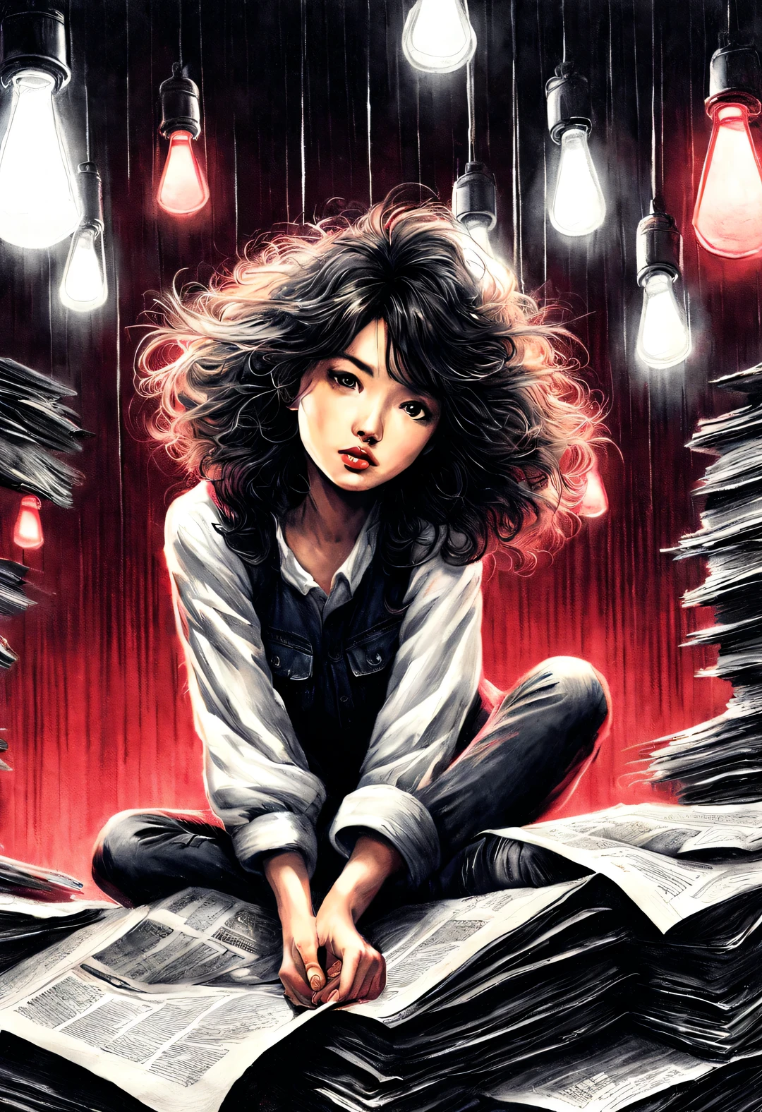 (Graphite painting), (A beautiful charming girl sits cross-legged on a mountain of old newspapers in the basement), (She is wearing a white crew neck shirt and jeans), A young and wild Asian face, Slightly mixed face shape, (Slightly square chin: 0.4), Messy and too long, Hard curly hair, Lazy, (perfect face), The slender eyes narrowed slightly, sports shoes, (Industrial lights on the roof emit a dim, weak red light: 1.34),
background: The basement is filled with old newspapers and books, Lots of old briefcases and glasses flying around, The old wall is dilapidated, Industrial style retro shabby,
90's anime style, Bold silhouettes, Graphic arts, line art, black and white, line art with pen pressure, Pen pressure sketch, Calligraphy pen with pen pressure, G pen style,With pen pressure, Hand drawn thick lines, high contrast, IG model,