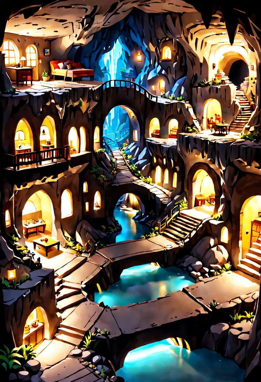Underground cavern with a bustling miniature city inside with cozy lights and warm friendly feeling