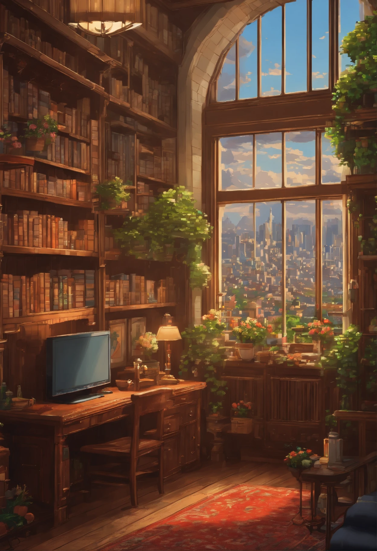Windows offer views of the city、There is a bed and a bookshelf, beautiful detailed pixel art, by Kubisi art, studio ghibli and and mumford, tokyo anime scene, detailed pixel art, Hasui Kwase, Lofiato, ( ( ( ( ( and mumford ) ) ) ) ), detailed pixel artwork, inspired by Hasui Kawase
