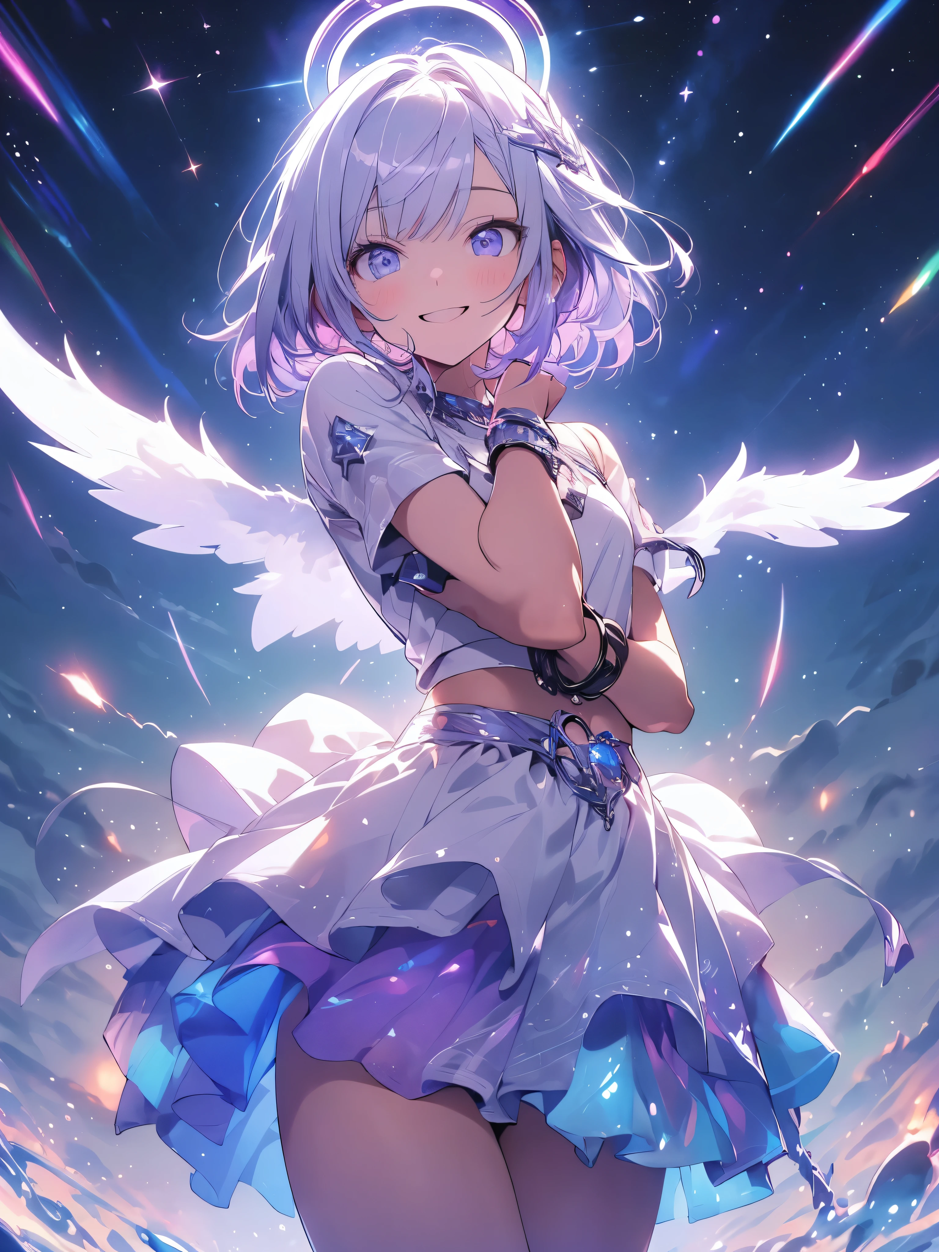 High resolution, Couboy Shot, looking at the viewer, pink eye background,behind, (cent, small), (alone), equal scale reduction, sleep, (one cute girl:1.3), alone, white skin、 big smile、angel ring on head、A purple glowing circle floats above my head..、mini skirt、angel ring、eight-headed person, purple hair, (beaver:1.2), Mixed mesh and light blue、short hair, (dull bangs:1.2), beautiful hair, eyes are purple, Miraculous Eye、beautiful and detailed eyes, highly detailed eyes、sparkling eyes、octane number,cloud,please wait、colorful starry sky,performer,Iridescent aura around the eyes、iridescent eyes、Narrowed eyes sucked in,Wearing a rainbow-colored aura from the whole body、purplish color, outdoor, Purple background, Shadow lighting,Hands folded behind the waist,Decisive pose、Detailed CG, (perfect hands, perfect anatomy)、stick out tongue(1:3)、Happier appearance