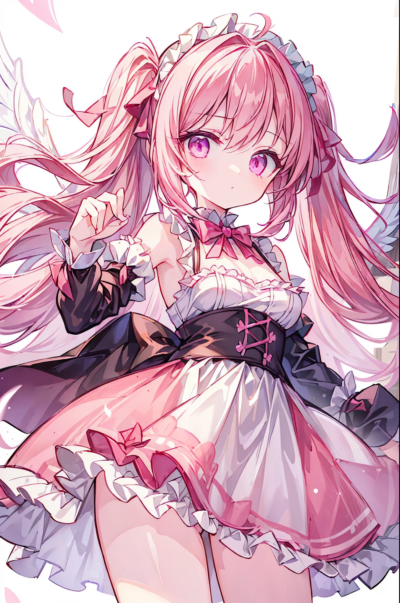 ((masterpiece)), ((best quality)), ((ultra detailed)), cute girl, pink long hair, beautiful pink eyes, maid costume, ribbons, angel wing, 🩷🤍, ((simple white background))