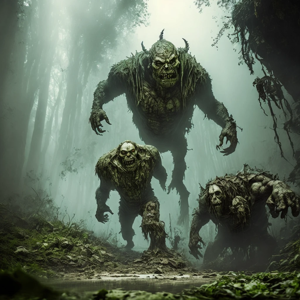 a monster,(((pale white skin))),sole,hunchback troll,zombie,zombie hulk,tattered clothes, dead rotting skin on the face, muddy hair, detailed rotting peeling dead skin,water corpse, blind,head like reptile, huge long arms,huge hands,bloody huge claws,stoop like a carnivores,((face smaller)),long neck,full body view,wide angle,(in the dark),underground kanal,overgrown sewer,fog,low lighting,