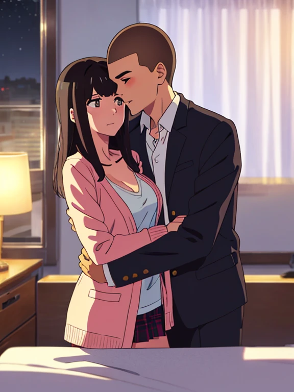 shinkai makoto, kimi no na wa., 1boy, buzzcut,office suit, boy caressing girl's body, sexual harassment, passionate hug, 1girl, bangs, black hair, brown eyes, Twisted Half Up, red ribbon, long hair, long sleeve light pink cardigan, open shirt, yellow shirt, cleavage, breast, medium breast, bed room, night, lamp, curtain, indoors, masterpiece, perfect anatomy, cowboyshot,