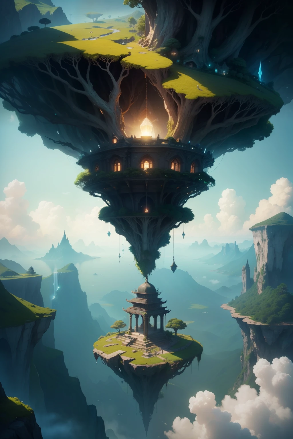 Amidst the vast expanse of the sky, an enigmatic island floats in suspension, defying the laws of gravity. Its lush, verdant foliage shimmers under the ethereal light, casting dancing shadows on its crystalline surface. The island is adorned with intricate structures, reminiscent of ancient temples, beckoning those who dare to venture and unravel the mysteries concealed within. Suspended in the air, it presents a paradoxical blend of the mundane and the fantastical, fueling the curiosity and imagination of onlookers.