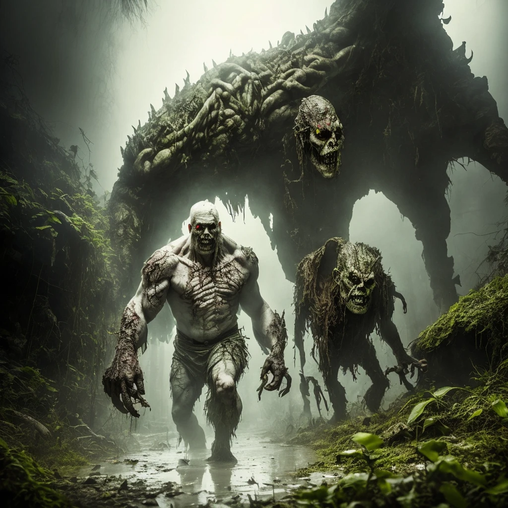 a monster,(((pale white skin))),single,hunchback troll,zombie,zombie hulk,tattered clothes, dead rotting skin on the face, muddy hair, detailed rotting peeling dead skin,water corpse, blind,head like reptile, huge long arms,huge hands,bloody huge claws,stoop like a carnivores,((face smaller)),long neck,full body view,wide angle,(in the dark),underground kanal,overgrown sewer,fog,low lighting,by kev walker