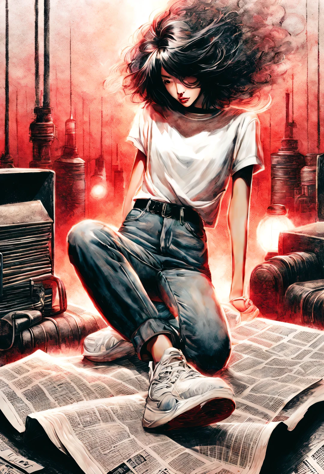 (Graphite painting), (A beautiful charming girl sits cross-legged on a mountain of old newspapers in the basement), (She is wearing a white crew neck shirt and jeans), A young and wild Asian face, Slightly mixed face shape, (Slightly square chin: 0.4), (Messy and too long, Curly short hair), decadent and lazy, (perfect face), Slightly narrowed slender eyes, sports shoes, (Industrial lights on the roof emit a dim, weak red light: 1.34),
background: The basement is filled with old newspapers and books, Lots of old briefcases and glasses flying around, The old wall is dilapidated, Industrial style retro shabby,
90's anime style, Bold silhouettes, Graphic arts, line art, black and white, line art with pen pressure, Pen pressure sketch, Calligraphy pen with pen pressure, G pen style,With pen pressure, Hand drawn thick lines, high contrast, IG model,
