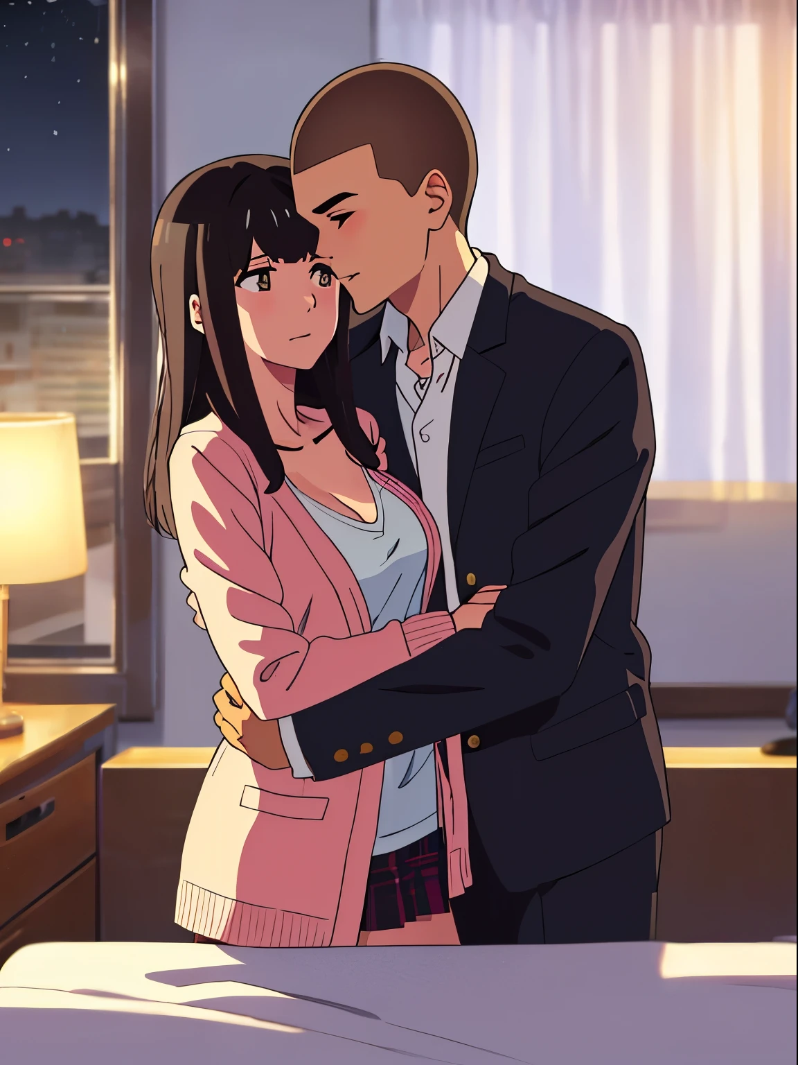 shinkai makoto, kimi no na wa., 1boy, buzzcut,office suit, boy caressing girl's body, sexual harassment, passionate hug, 1girl, bangs, black hair, brown eyes, Twisted Half Up, red ribbon, long hair, long sleeve light pink cardigan, open shirt, yellow shirt, cleavage, breast, medium breast, bed room, night, lamp, curtain, indoors, masterpiece, perfect anatomy, cowboyshot,