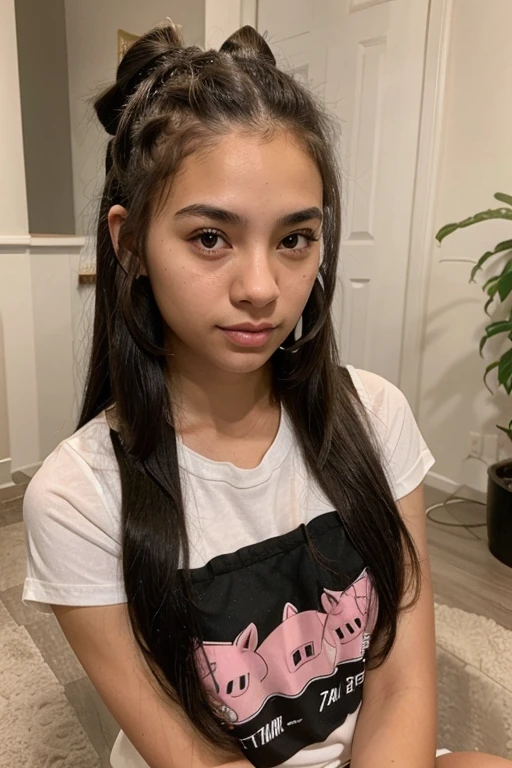 mixed race, 19 year old, girl, hyper realistic, pretty, pig tail hair style