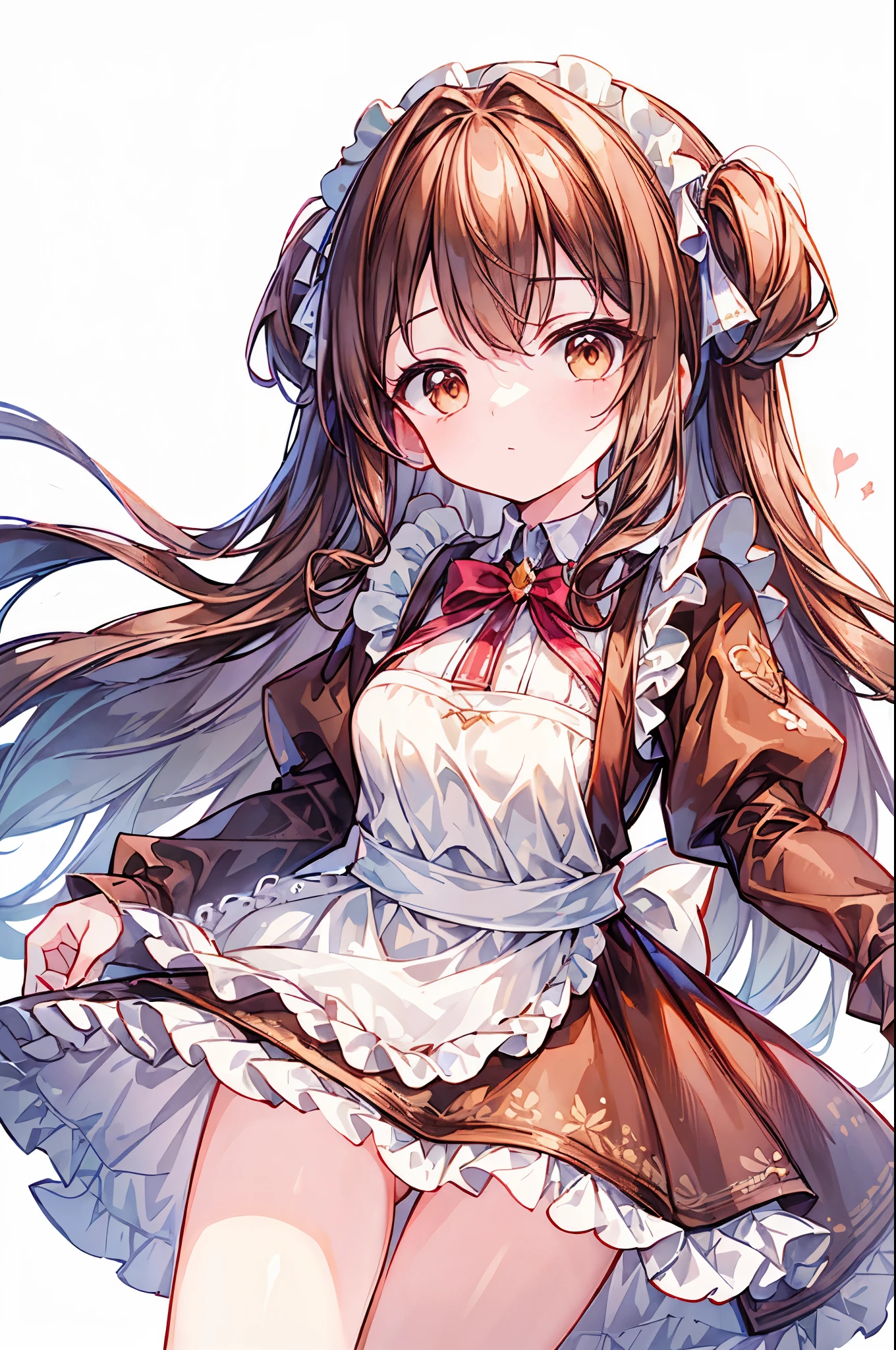 ((masterpiece)), ((best quality)), ((ultra detailed)), cute girl, brown long hair, beautiful brown eyes, maid costume, ribbons, angel wing, 🤍, ((simple white background))