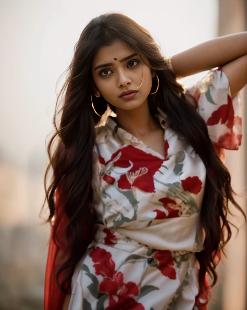 an Indian female 27 yo in a red sari and white blouse, she has a distant expression, shocked look, very attractive and beautiful, shot from movie, still from a movie, but a stern look about her, intense look, intense stare, still shot from movie, pretty face!!, scene from a movie, look at that detail!, she has a cute expressive face, ((film grain, skin details, high detailed skin texture, 8k hdr, dslr)), photography taken by sony DSLR, Hd image