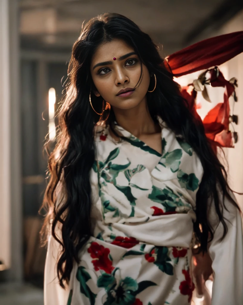 an Indian female 27 yo in a red sari and white blouse, she has a distant expression, shocked look, very attractive and beautiful, shot from movie, still from a movie, but a stern look about her, intense look, intense stare, still shot from movie, pretty face!!, scene from a movie, look at that detail!, she has a cute expressive face, ((film grain, skin details, high detailed skin texture, 8k hdr, dslr)), photography taken by sony DSLR, Hd image