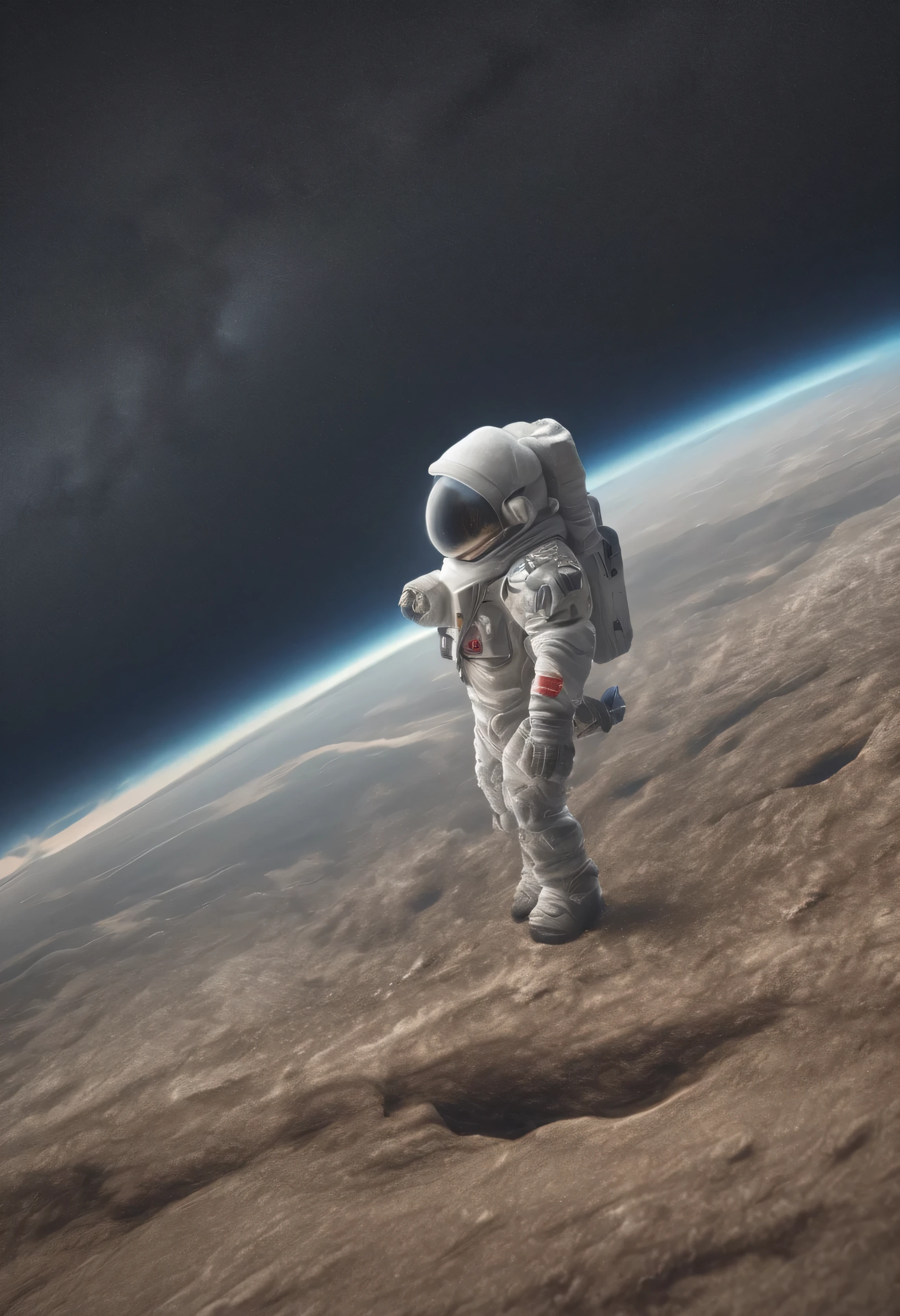 Little astronaut far from Earth, side view of the planet