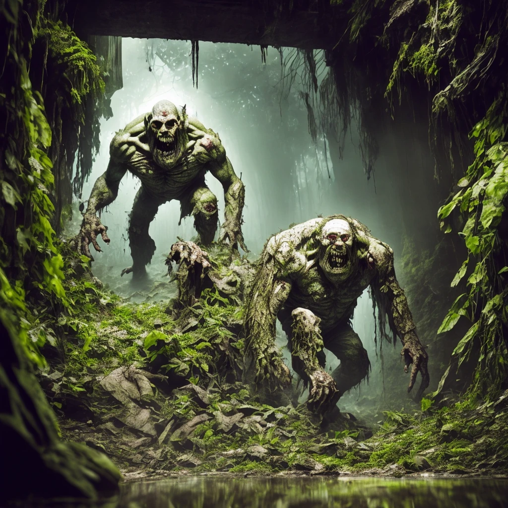 a monster,(((pale white skin))),alone,hunchback troll,zombie,zombie hulk,tattered clothes, dead rotting skin on the face, muddy hair, detailed rotting peeling dead skin,water corpse, blind,head like reptile, huge long arms,huge hands,bloody huge claws,stoop like a carnivores,((face smaller)),long neck,full body view,wide angle,(in the dark),underground kanal,overgrown sewer,fog,
