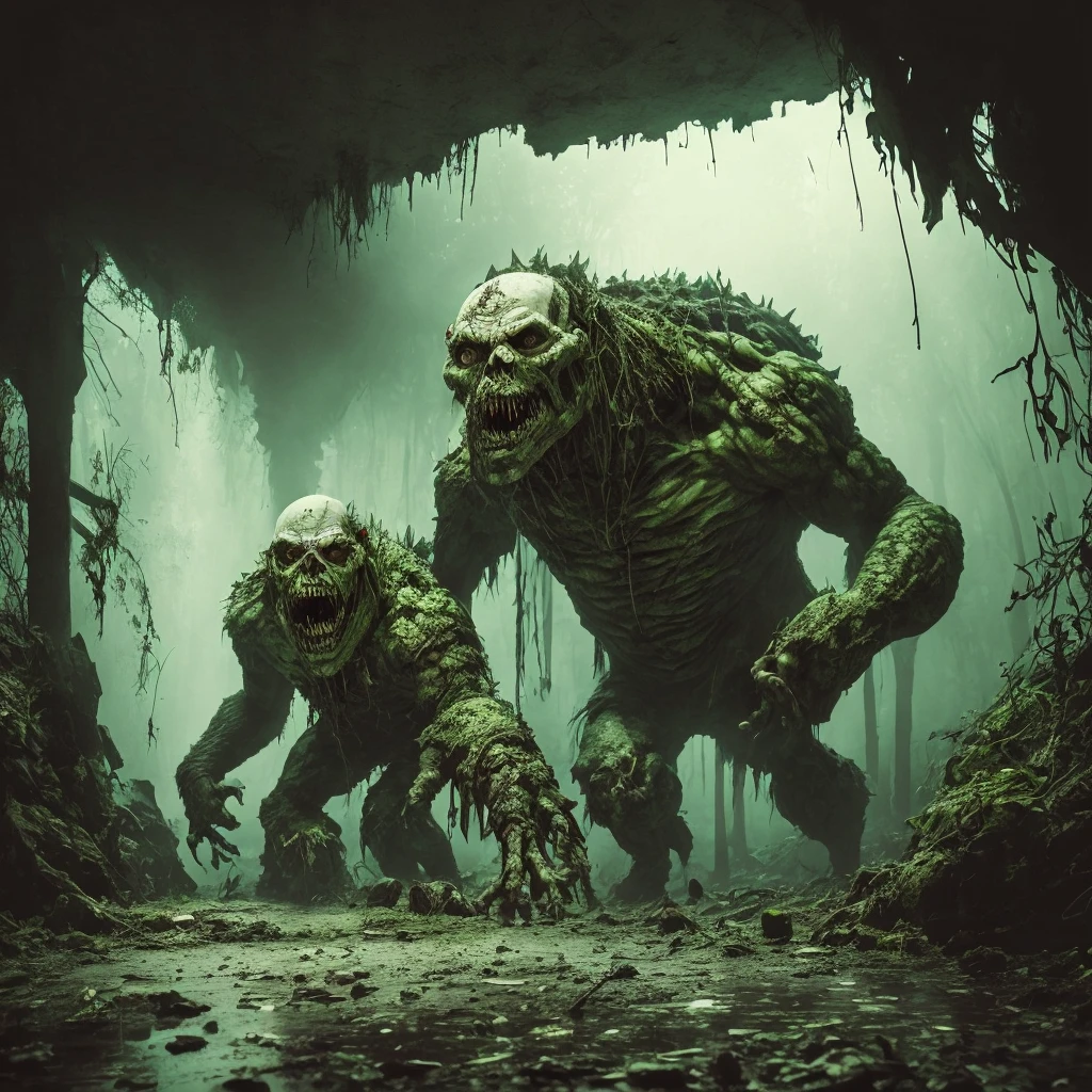 a monster,(((pale white skin))),alone,hunchback troll,zombie,zombie hulk,tattered clothes, dead rotting skin on the face, muddy hair, detailed rotting peeling dead skin,water corpse, blind,head like reptile, huge long arms,huge hands,bloody huge claws,stoop like a carnivores,((face smaller)),long neck,full body view,wide angle,(in the dark),underground kanal,overgrown sewer,fog,