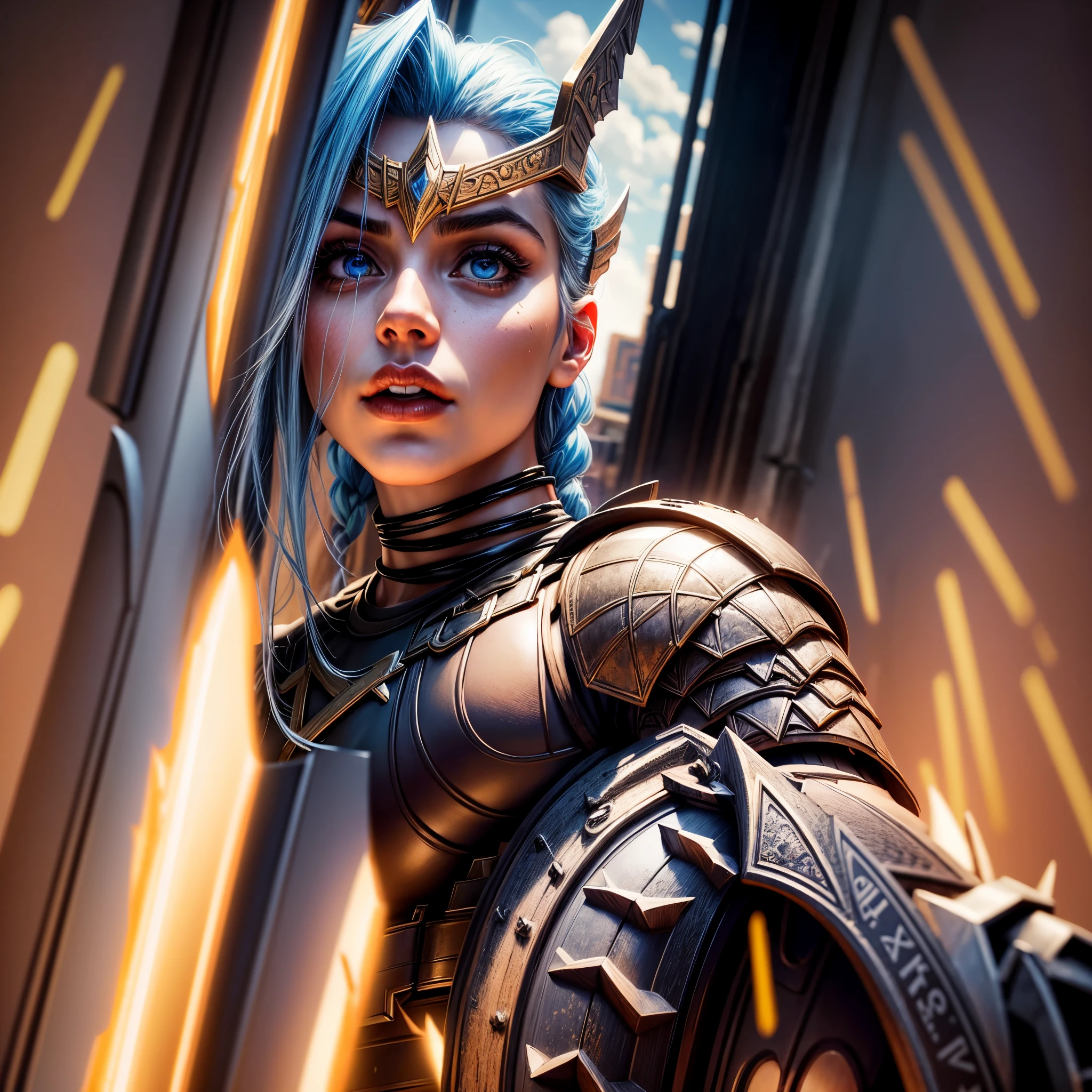 New York, Square of Time, Valkyrie, also known as Brunnhilde, is a character from Marvel Comics. She is an Asgardian warrior and a member of the Valkyries, a group of godlike warriors tasked with escorting the souls of fallen warriors to Valhalla. Valkyrie is skilled in hand-to-hand combat, wielding a sword and riding a majestic winged horse called Pegasus. She possesses superhuman strength, stamina, and longevity due to her Asgardian heritage. Additionally, Valkyrie is notable for her leadership, determination, and loyalty to her fellow Asgardians and the Avengers. Her presence brings a touch of mysticism and heroism to the mythology of the Marvel Universe. (best quality: 1.0), (Ultra Highres: 1.0), highly detailed face and eyes, (photorealistic: 1.2)