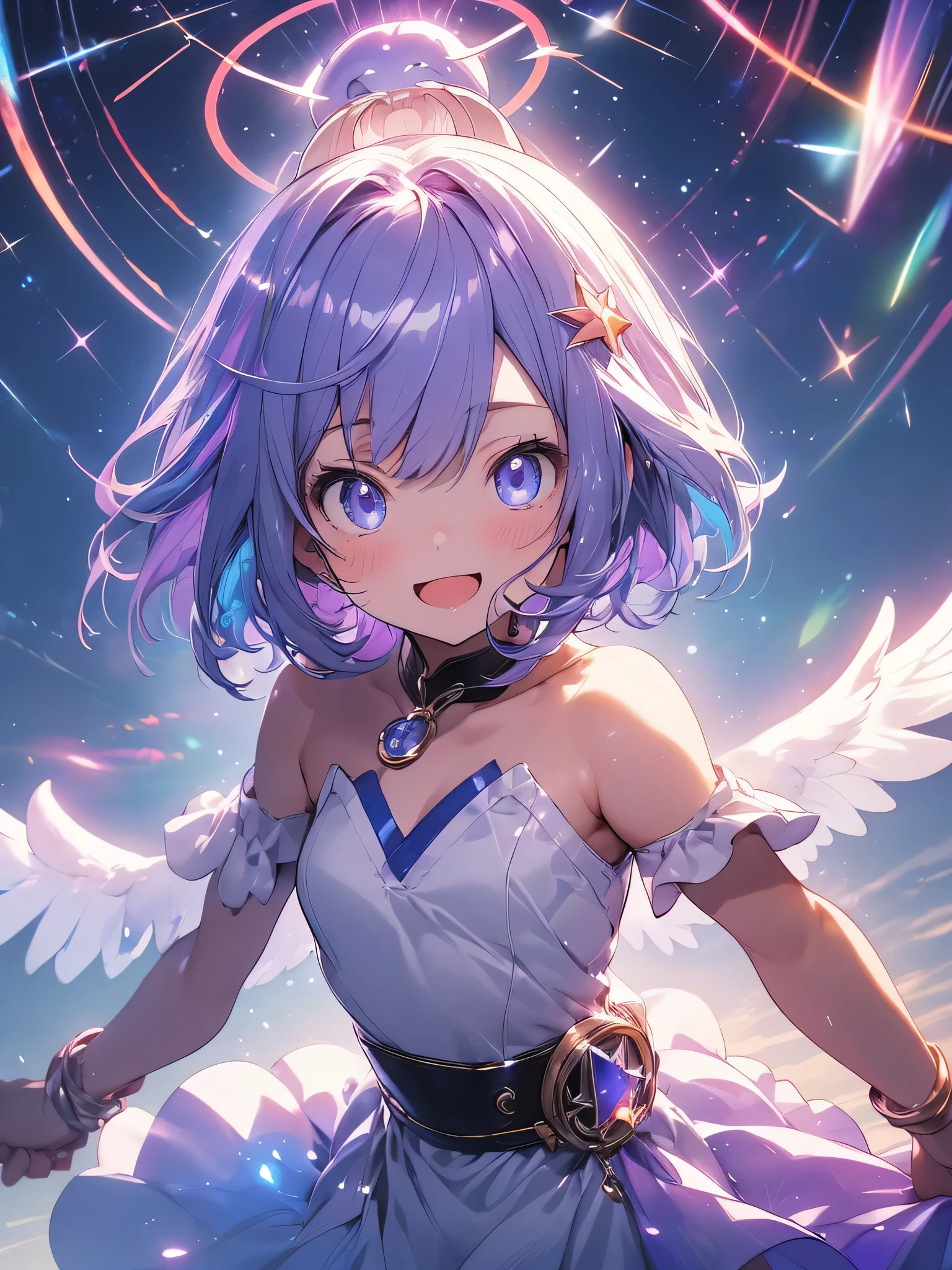 High resolution, Couboy Shot, looking at the viewer, No face or eyes,behind, (cent, small), (alone), equal scale reduction, sleep, (one cute girl:1.3), alone, white skin、 big smile、angel ring on head、A purple glowing circle floats above my head..、mini skirt、angel ring、eight-headed person, purple hair, (beaver:1.2), Mixed mesh and light blue、short hair, (dull bangs:1.2), beautiful hair, beautiful and detailed eyes, highly detailed eyes、sparkling eyes、octane number,cloud,please wait、colorful starry sky,performer,Iridescent aura around the eyes、iridescent eyes、Narrowed eyes sucked in,Wearing a rainbow-colored aura from the whole body、purplish color, outdoor, Purple background, Shadow lighting,Hands folded behind the waist,Decisive pose、Detailed CG, (perfect hands, perfect anatomy)、stick out tongue（1:3）、Happier appearance