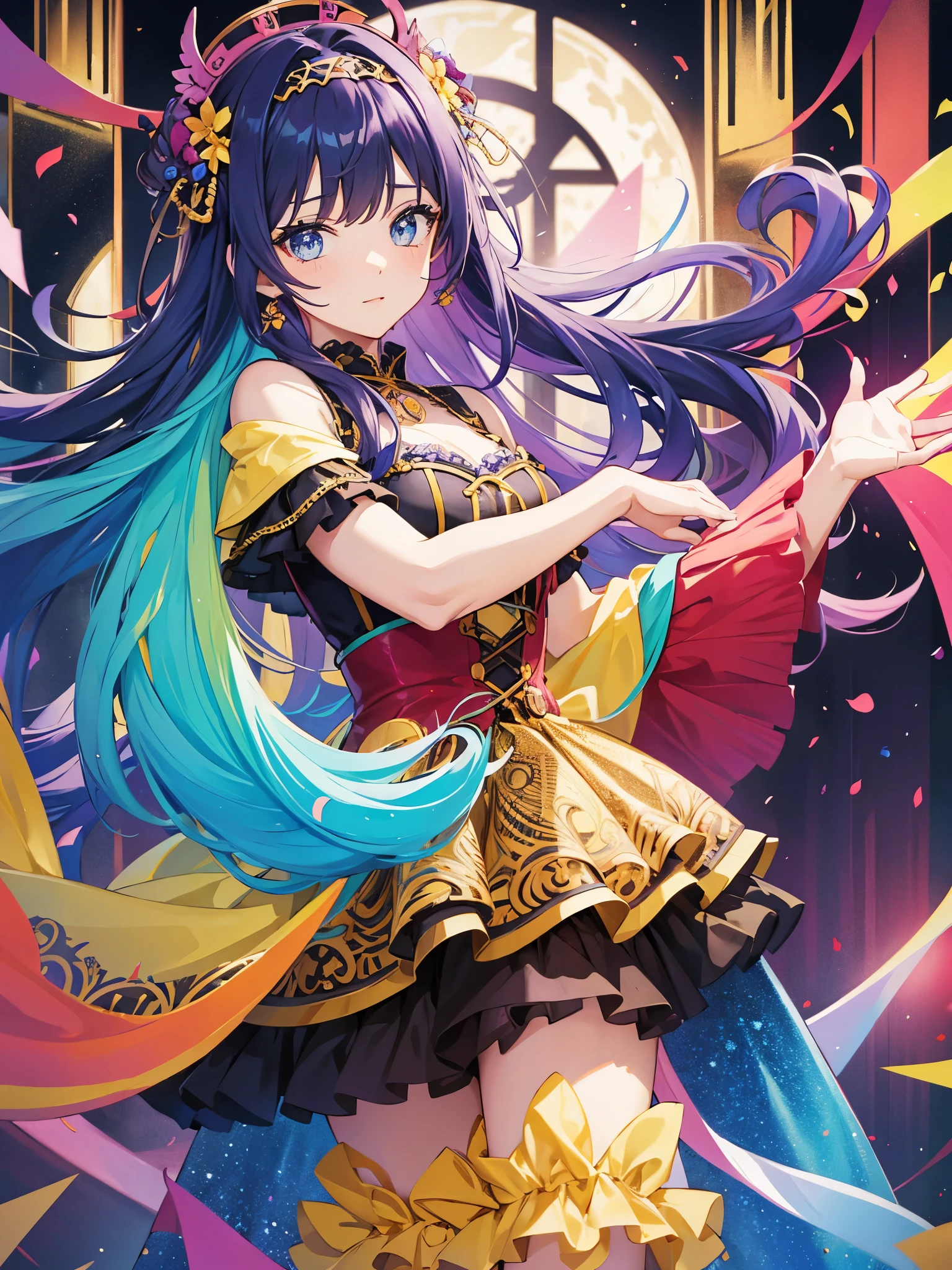 girls, colorful hair, colorful eyes, ((german style dress)), ((idol))