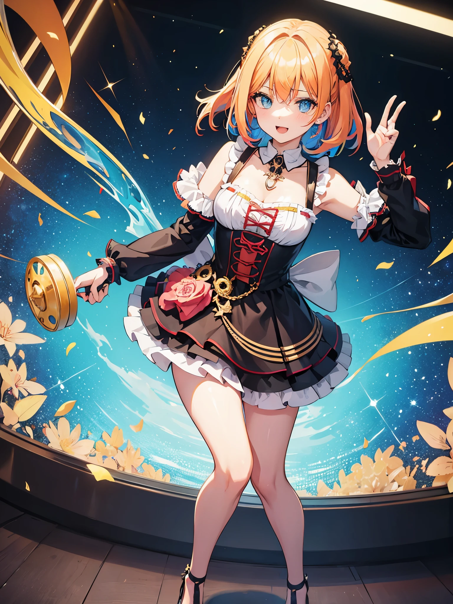 girls, colorful hair, colorful eyes, ((german style dress)), ((idol))