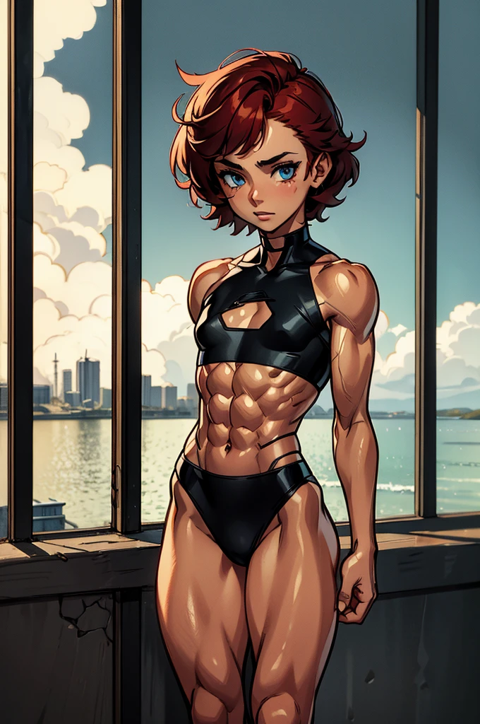 (masterpiece, high quality), 1girl, Caucasian, tomboy, , short red hair, blue eyes, -yeld, wang in a city street, (black panties), white crop top, strong arms, muscular thighs, ripped muscles, six pack abs, muscle arms, muscular, flat chest, hyper detailed, Intricate design, Luminous, 4K, 8K, Cinematic lighting, Contour lighting, bright, soft light