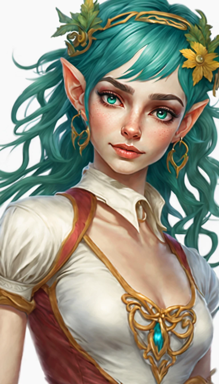 Carla is a young elf with blue-green hair and ((olhos vermelhos brilhantes)). She has fair skin and a slim, athletic body. She wears light and comfortable clothes, geralmente feitas de couro ou seda.
