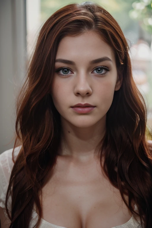 Ultra realistic, 23 year old Swedish female, dyed red hair, medium length extremely curly layered hairstyle, bright blue eyes, sad face, high cheek bones, defined jawline, pale skin tone, brown bushy eye brows, long eyelashes, narrow nose, shot on a Canon EOS R6 Mark, crying, emotional look, facial expression