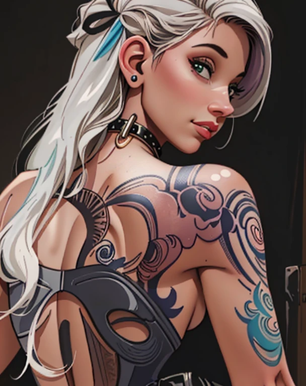 um close up de uma mulher com uma tatuagem nas costas, ciborgue ciberpunk. rosas, corpo superior realista bonito, no estilo de Anne Stokes, tatuagem hiper realista, mulher detalhada, Arte detalhada de alta qualidade 8k, estilo de arte hiperrealista, tatuagem hiper-realista, desenho de tatuagem de realismo, no estilo wlop, arte digital realista 4k, arte digital realista 4k