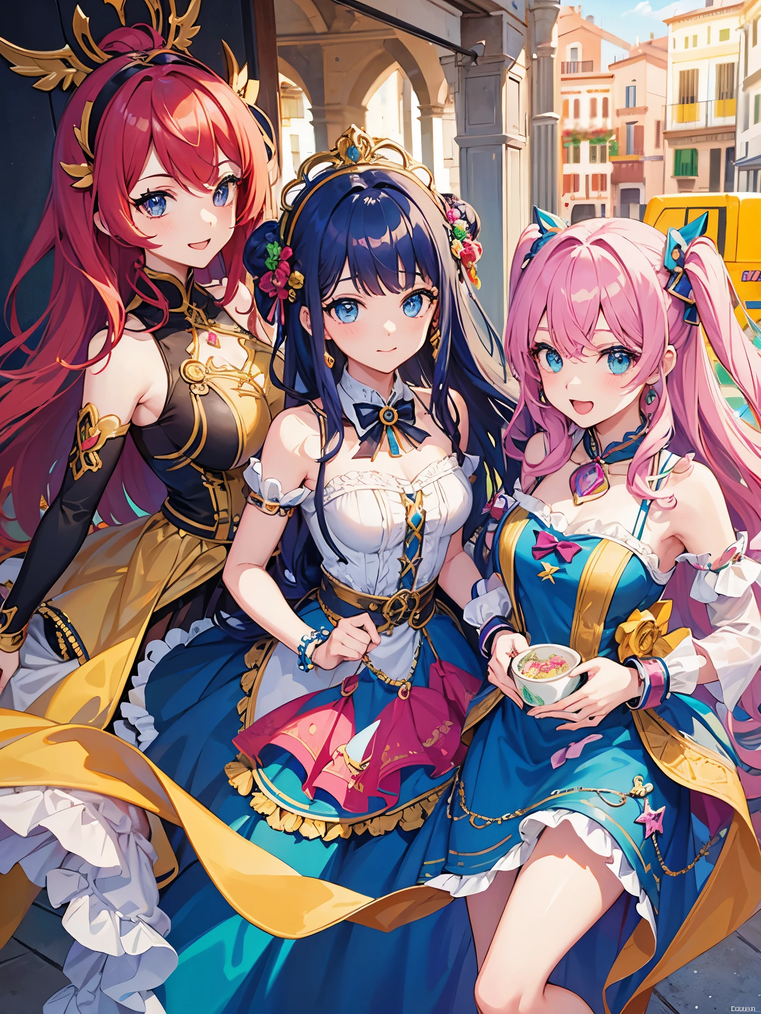 (Highest quality, masterpiece, Very detailedな, Very detailed, Exquisite, 16K,Full HD),(White Background:1.5),、Big Breasts,Pink hair and blue eyes、Yellow Jacket、Please raise your right hand、Lower your left hand、Stand only on your right foot、Raise your left leg。smile、Nanjamo,No text
