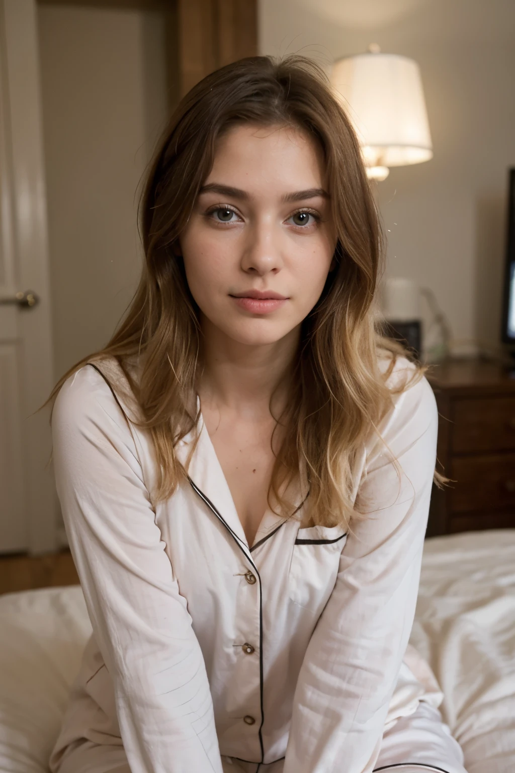 ((Best quality)), ((masterpiece)), (detailed), perfect face cute face blonde hair in the evening at home getting ready for bed in cute pajamas