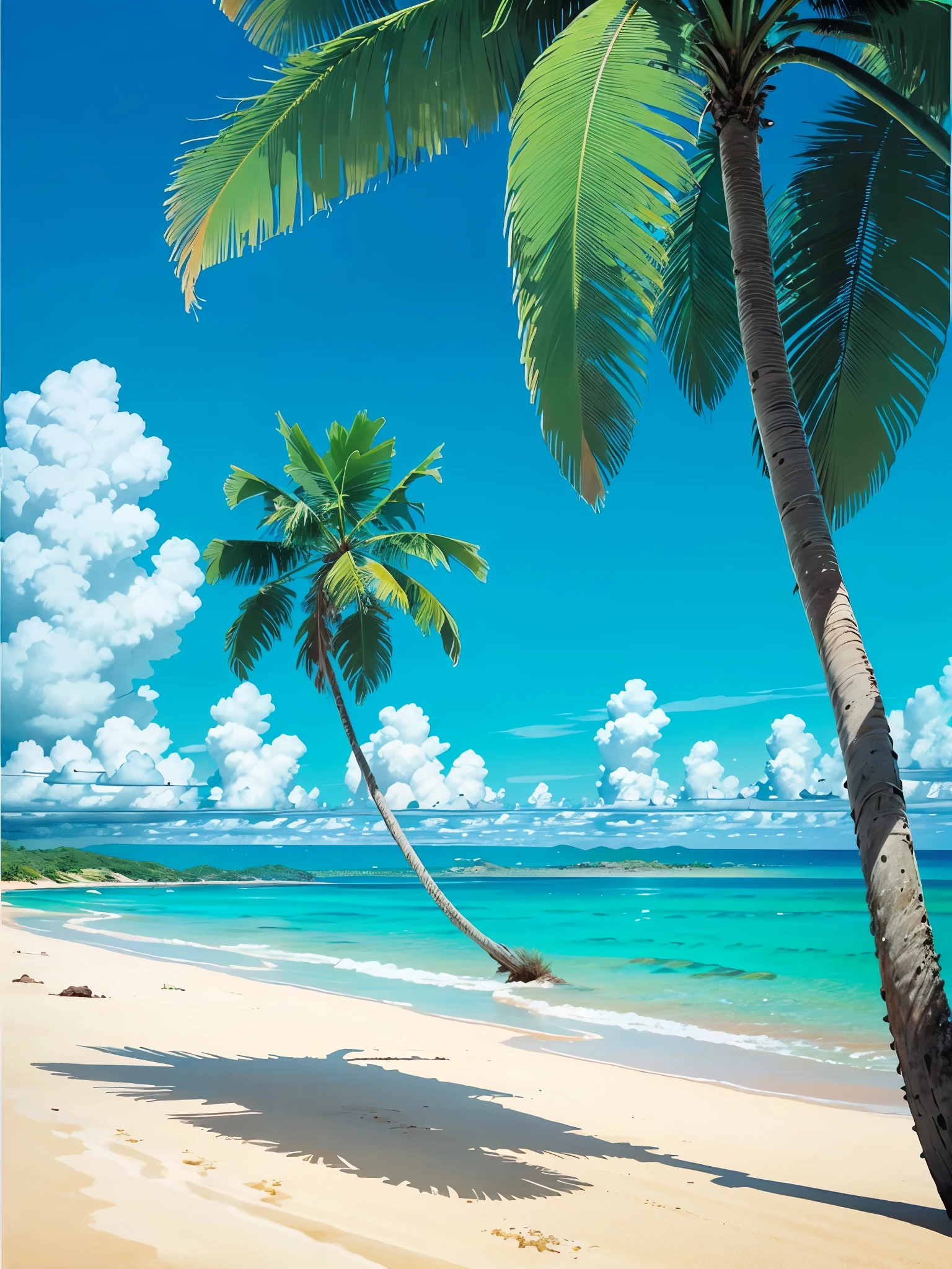 Beautiful carribean beach, palm trees, turquoise water, amazing art, extremely detailed, perfect, best quality, masterpiece, low angle