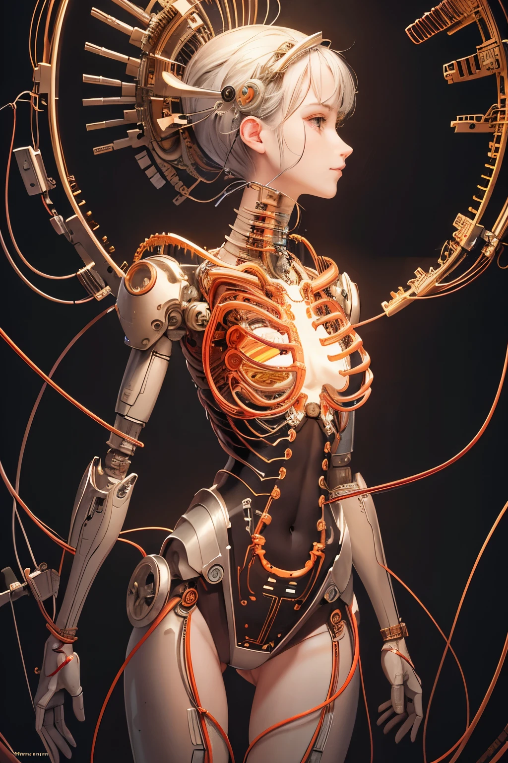 (((masterpiece))), (((highest quality))), ((super detailed)), (Detailed CG illustration), ((very delicate and beautiful)),cinematic light,((1 mechanical girl)),alone,(cowboy shot:1.2),(machine made joint:1.2),((mechanical limbs)),(blood vessels connected to tubes),(mechanical spine attached to the back),((Mechanical cervical vertebrae attached to the neck)),Expressionless,(wires and cables connected to the neck:1.2),(Wires and cables on the head:1.2),(character focus),SF,very detailed,colorful,most detailed, runes,geomancy,background,