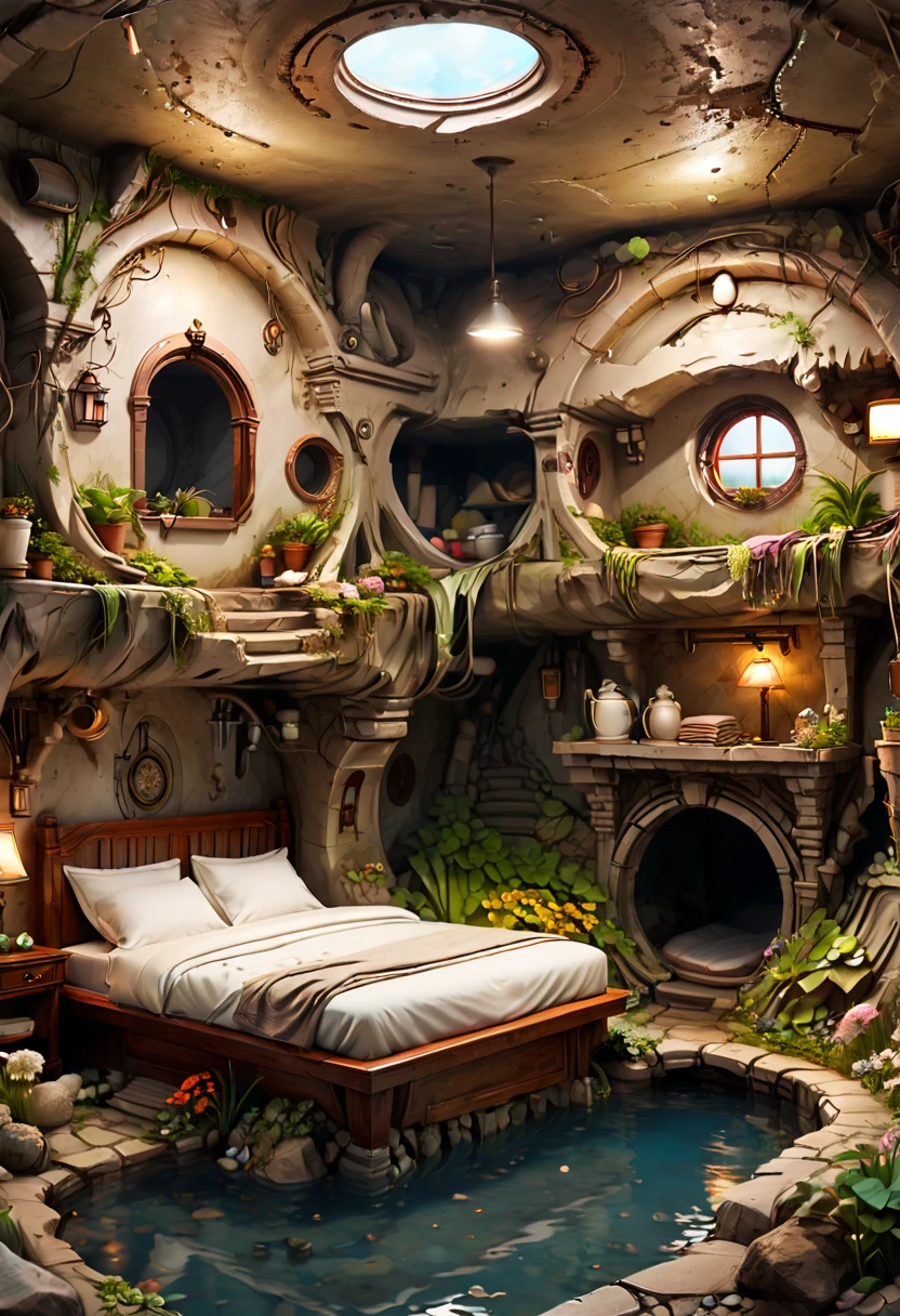 house, Underground, A neat bed, clean and hygienic, enhance, intricate, (best quality, masterpiece, Representative work, official art, Professional, 8k)
