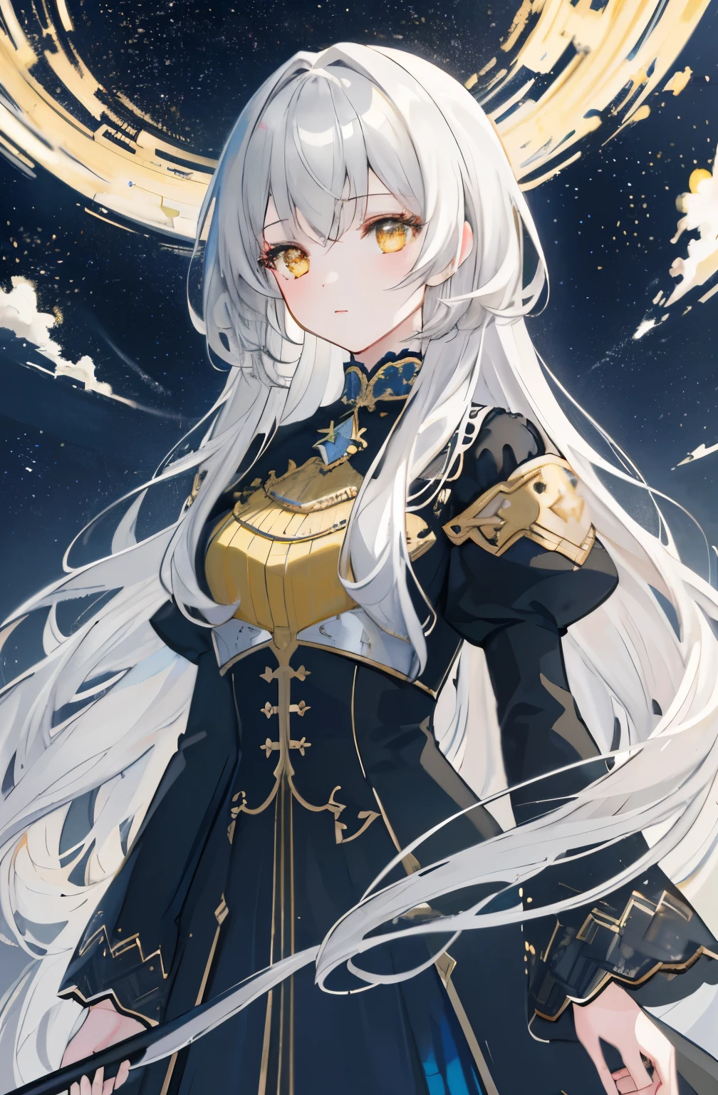 ((masterpiece)), ((highest quality)), (wonderful desinger), (best artist), (most commonly painted landscapes), (best performance), (4k full hd), (HDR+), (1 girl) and (length) gray hair, (shining yellow eyes), in a landscape on the side and (wonderful) Starry sky drawn in artistic and cinematic tones - Meina pastel style - v5 (anime illustration), 