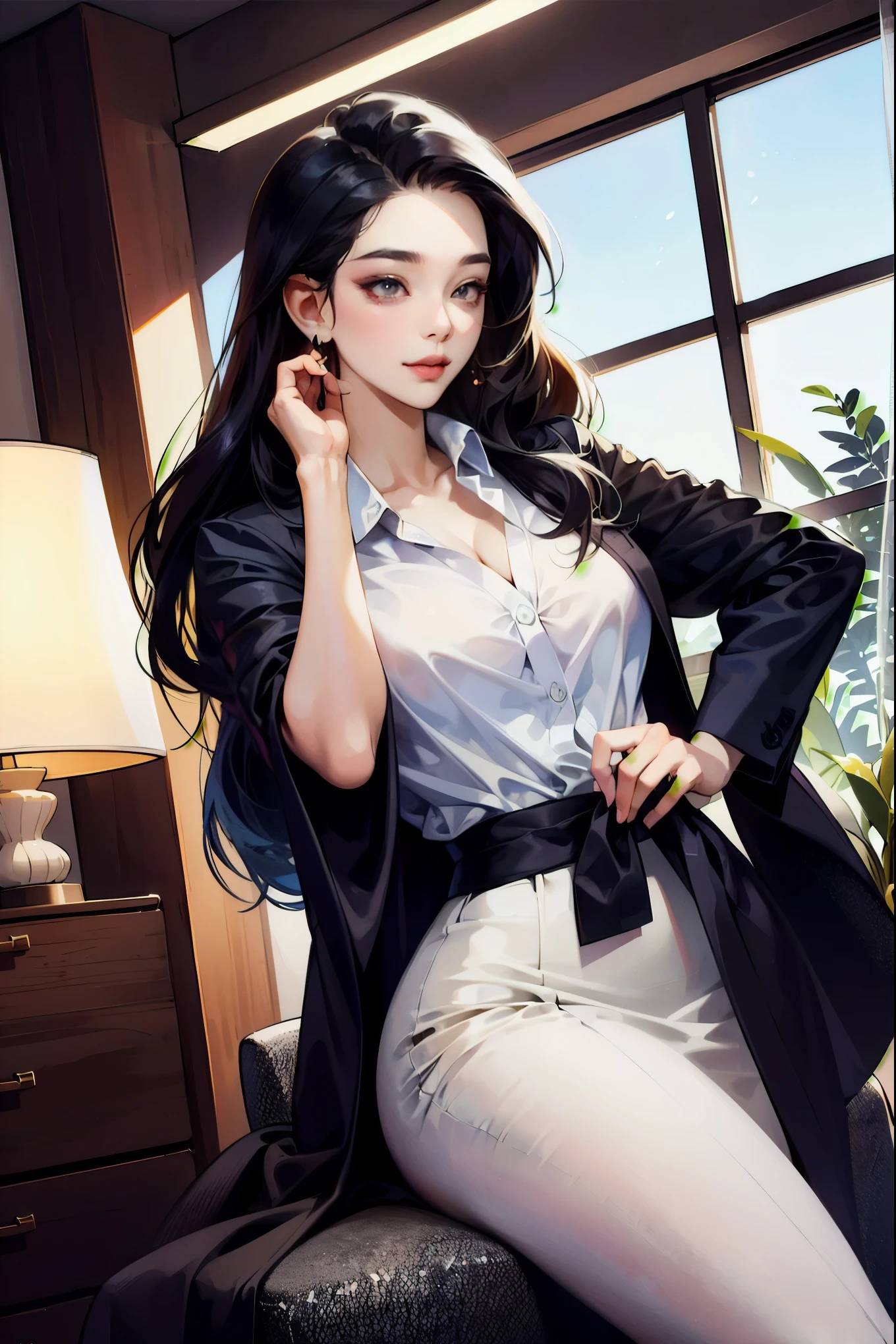 Girl with long straight black hair and brown eyes, beautiful, thin, flat, tall, wearing a businesswoman's uniform