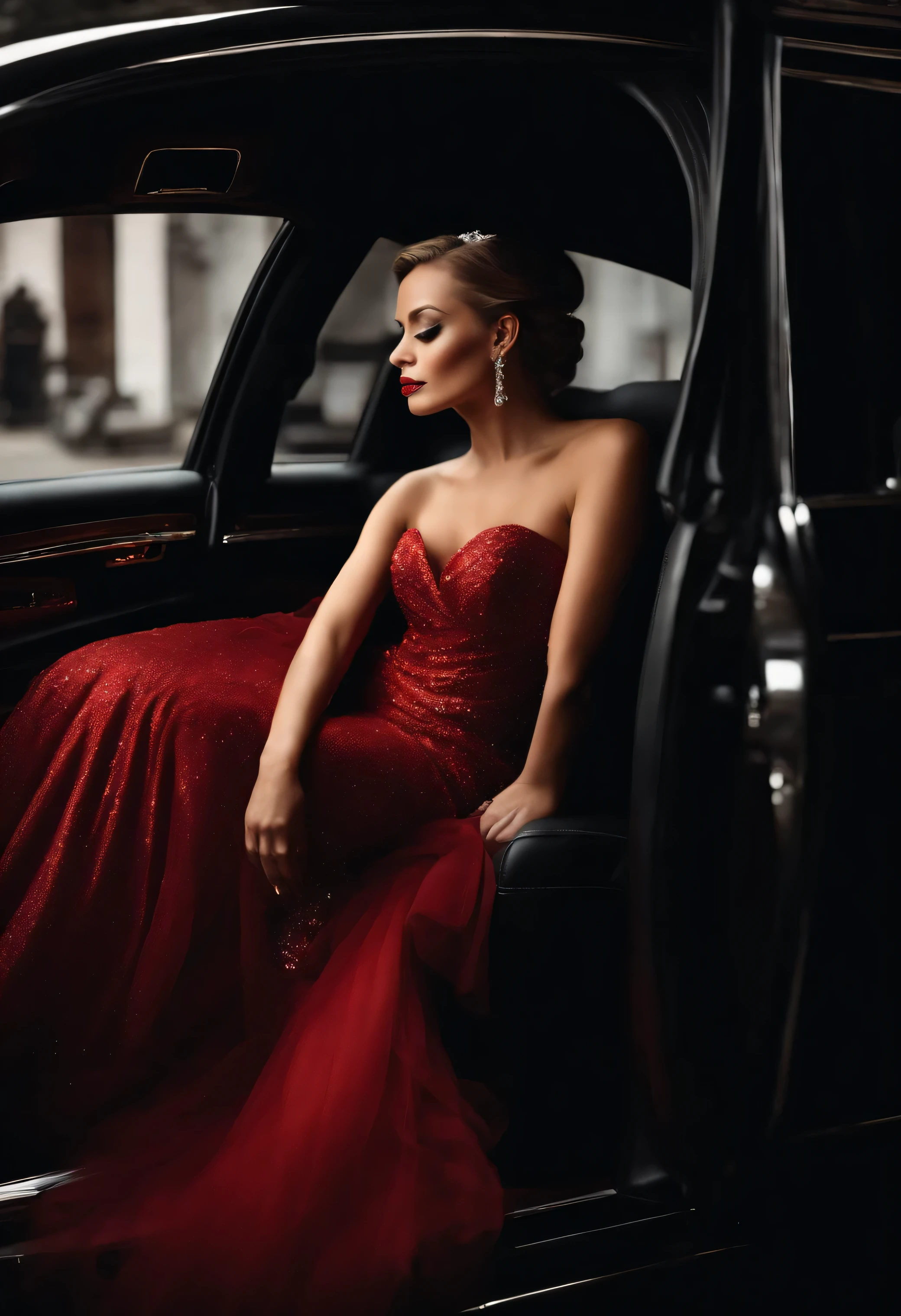 Inside a sleek black limousine, a woman draped in diamonds surveys her kingdom. Her scarlet dress pools around her like molten lava, her lips painted a matching shade. Her eyes, sharp as diamonds, gleam with ambition and a hint of longing.