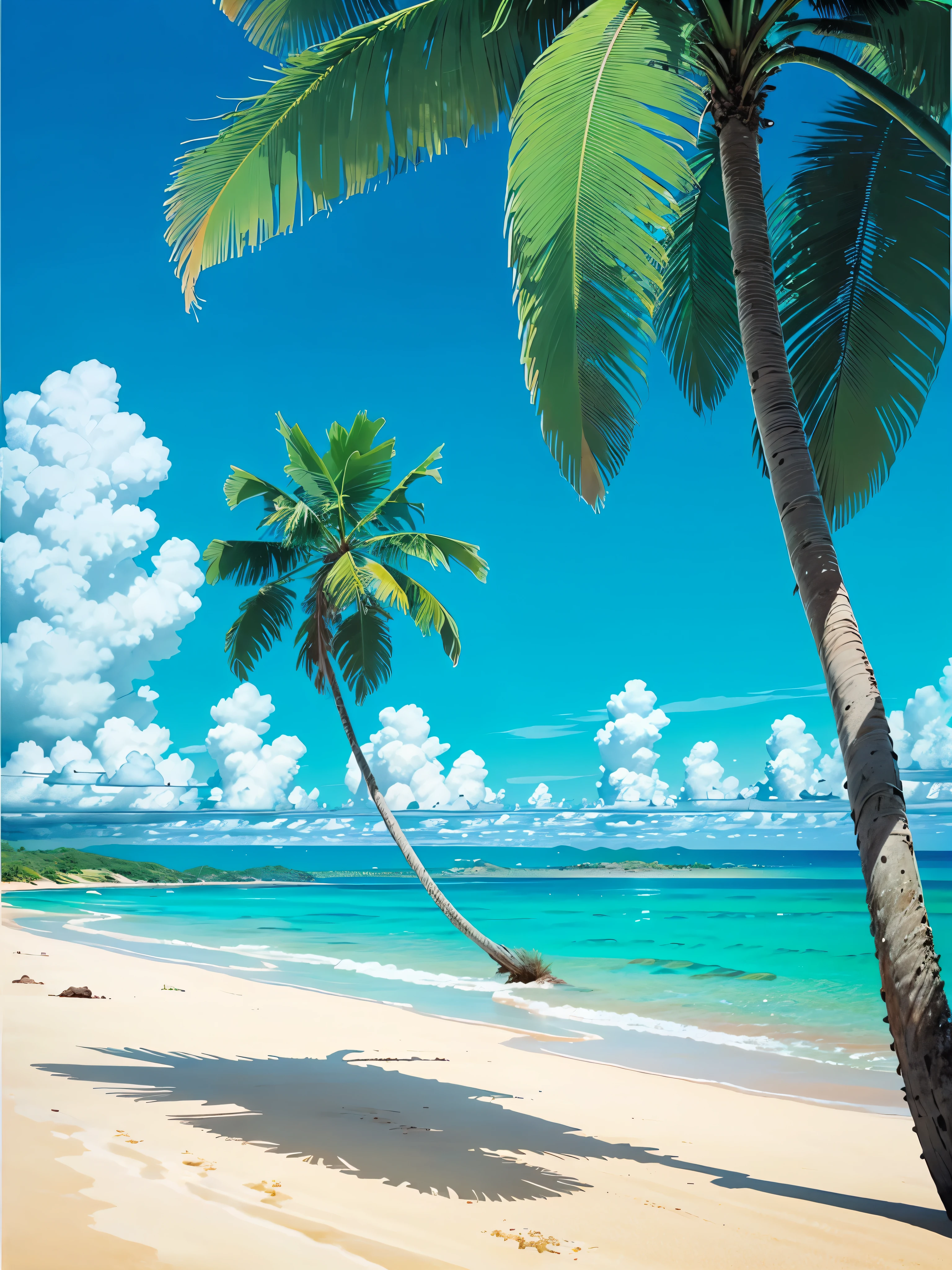 Beautiful carribean beach, palm trees, turquoise water, amazing art, extremely detailed, perfect, best quality, masterpiece, low angle