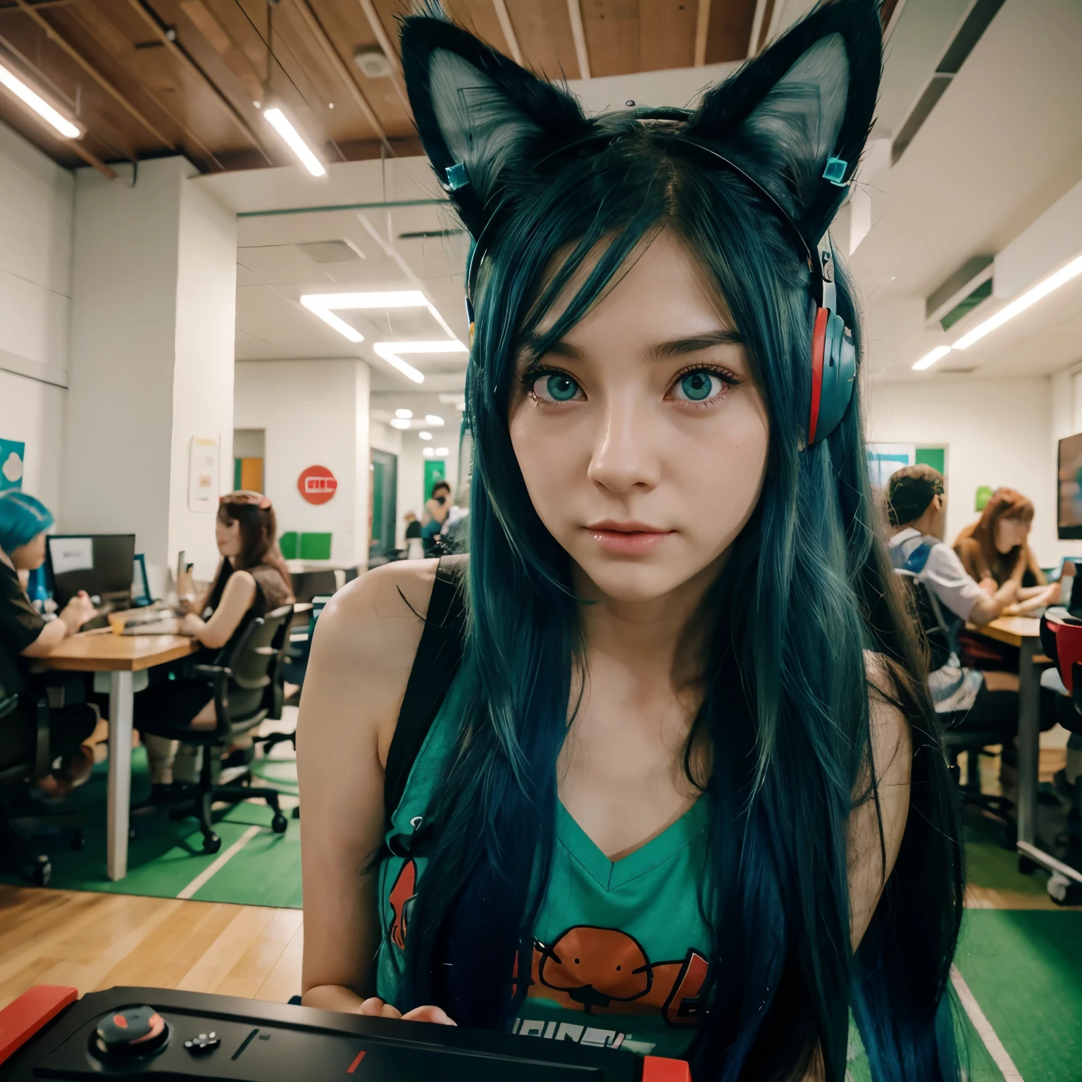 Anime, girl, long hair, blue hair, red right eyes, green left eyes, red binnie, gaming cat ear green pastel headphone,