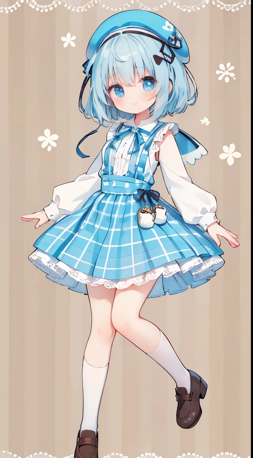 full body esbian、Standing picture、light blue hair、Brown Check Beret、Plaid Suspender Skirt、Chocolate Mint、light blue eyes、light blue shirt、Brown Ribbon、cute、masterpiece、highest quality、best image quality