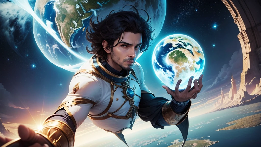 imagem arafada de um homem parado em um planeta flutuante, mundo futurista, Planet on the rise, Arte de fantasia grande angular, outro mundo, com terra, earth in the sky, world building, planet in the sky