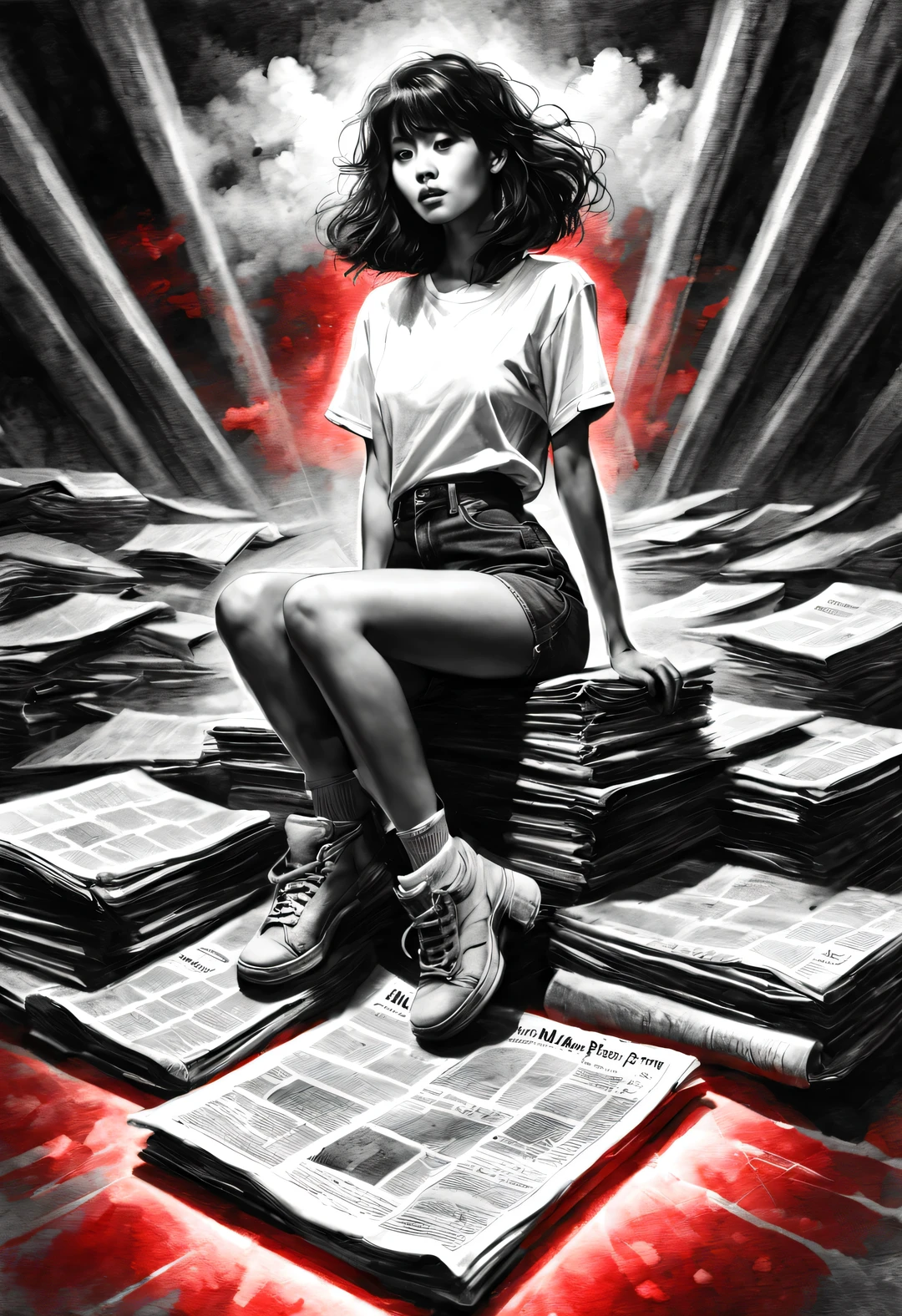 (Graphite painting), (A beautiful charming girl sits cross-legged on a mountain of old newspapers in the basement), (She is wearing a white crew neck shirt and jeans), A young and wild Asian face, Slightly mixed face shape, (Slightly square chin: 0.4), (Messy and too long, Curly short hair), decadent and lazy, (perfect face), Slightly narrowed slender eyes, sports shoes, (Industrial lights on the roof emit a dim, weak red light: 1.34),
background: The basement is filled with old newspapers and books, Lots of old briefcases and glasses flying around, The old wall is dilapidated, Industrial style retro shabby,
90's anime style, Bold silhouettes, Graphic arts, line art, black and white, line art with pen pressure, Pen pressure sketch, Calligraphy pen with pen pressure, G pen style,With pen pressure, Hand drawn thick lines, high contrast, IG model,