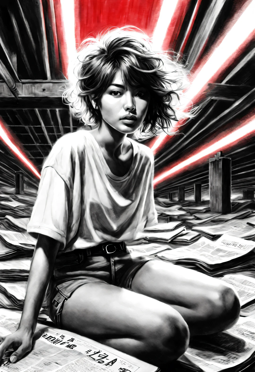 (Graphite painting), (A beautiful charming girl sits cross-legged on a mountain of old newspapers in the basement), (She is wearing a white crew neck shirt and jeans), A young and wild Asian face, Slightly mixed face shape, (Slightly square chin: 0.4), (Messy and too long, Curly short hair), decadent and lazy, (perfect face), Slightly narrowed slender eyes, sports shoes, (Industrial lights on the roof emit a dim, weak red light: 1.34),
background: The basement is filled with old newspapers and books, Lots of old briefcases and glasses flying around, The old wall is dilapidated, Industrial style retro shabby,
90's anime style, Bold silhouettes, Graphic arts, line art, black and white, line art with pen pressure, Pen pressure sketch, Calligraphy pen with pen pressure, G pen style,With pen pressure, Hand drawn thick lines, high contrast, IG model,